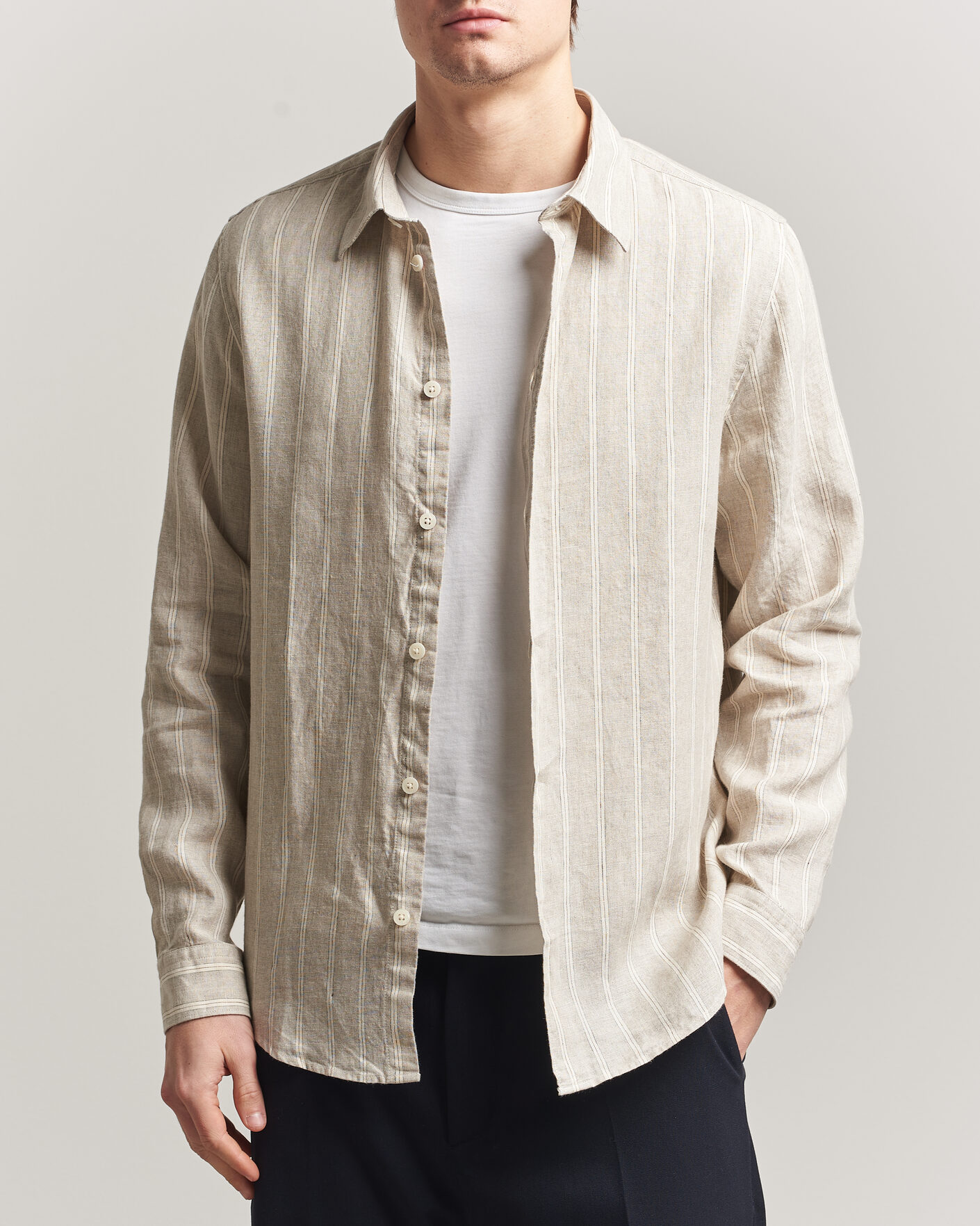 Hombres | Camisas | NN07 | Enzo Linen Shirt Oat Stripe