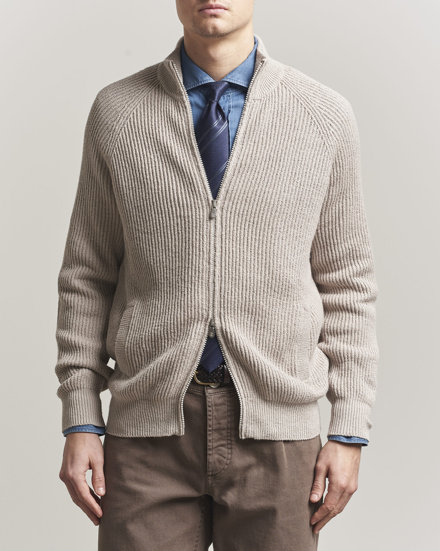 Hombres | Jerséis y prendas de punto | Brunello Cucinelli | Heavy Cotton Rib Zip Cardigan Beige