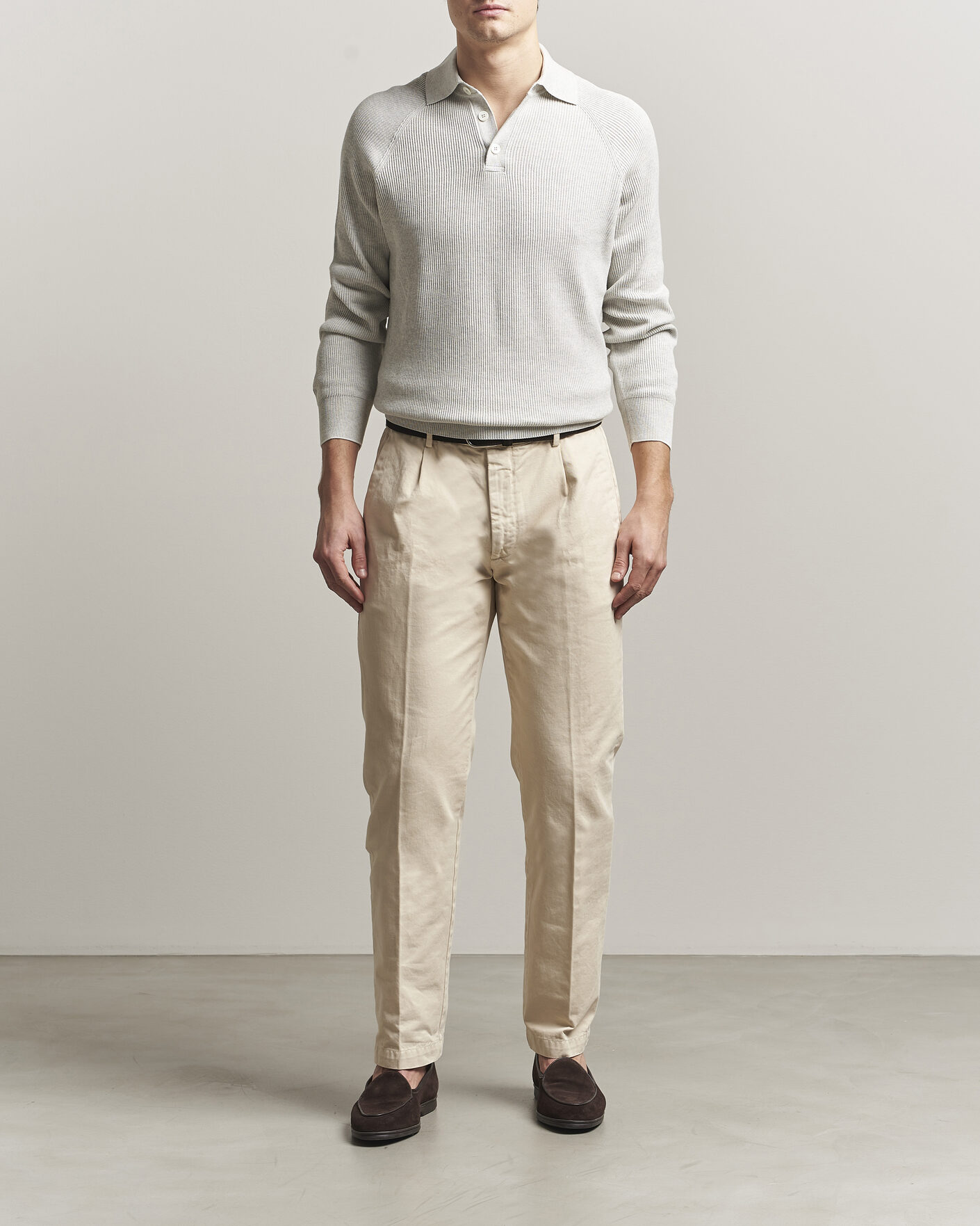 Hombres | Jerséis y prendas de punto | Brunello Cucinelli | Cotton Rib Knitted Long Sleeve Polo Light Grey