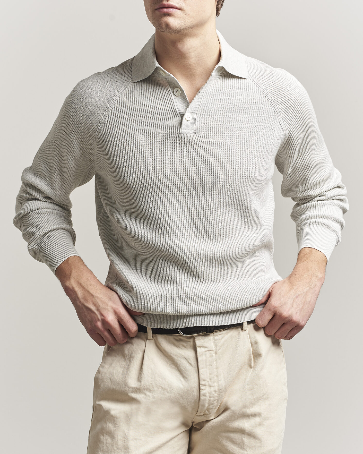 Hombres | Jerséis y prendas de punto | Brunello Cucinelli | Cotton Rib Knitted Long Sleeve Polo Light Grey