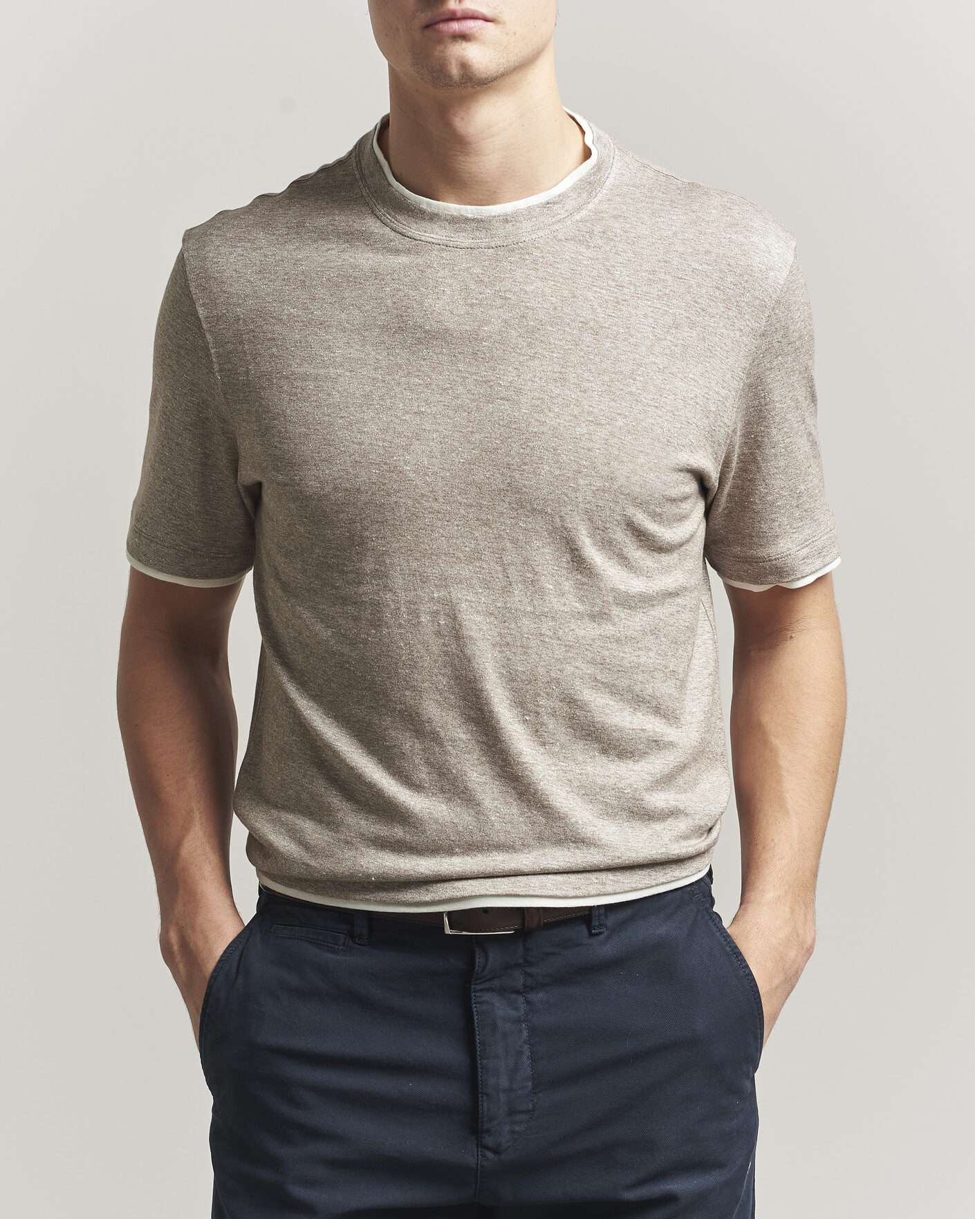 Hombres | Camisetas | Brunello Cucinelli | Double Collar Linen T-Shirt Brown