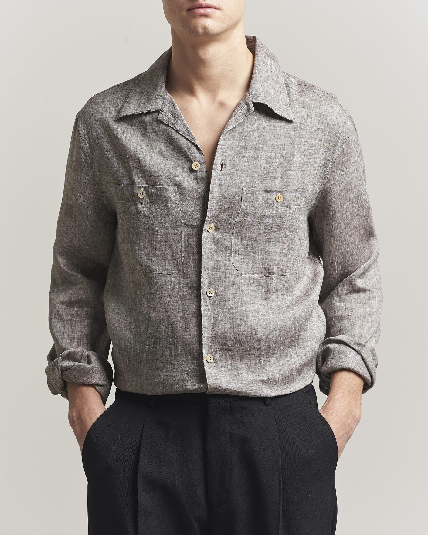 Hombres | Camisas | Brunello Cucinelli | Linen Double Pocket Camp Shirt Brown