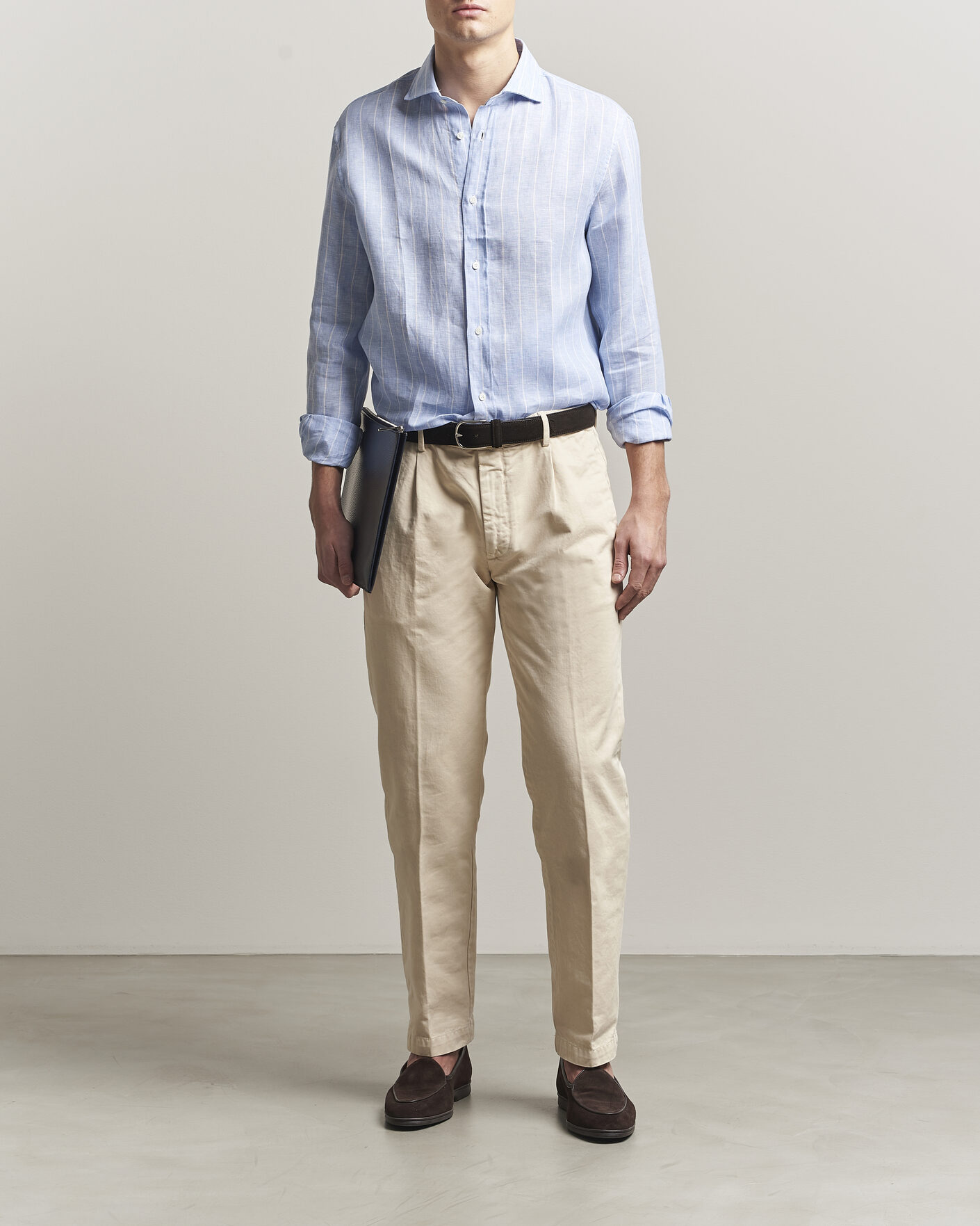 Hombres | Camisas | Brunello Cucinelli | Easy Fit Linen Shirt Light Blue Stripe
