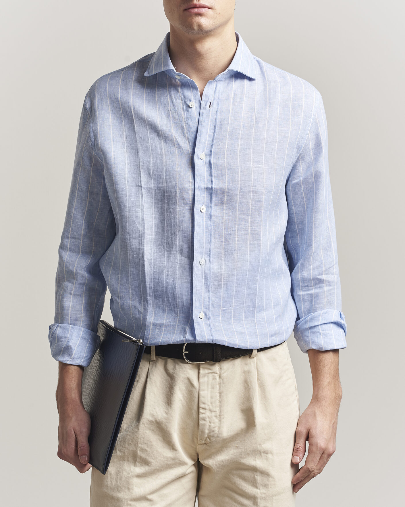 Hombres | Camisas | Brunello Cucinelli | Easy Fit Linen Shirt Light Blue Stripe