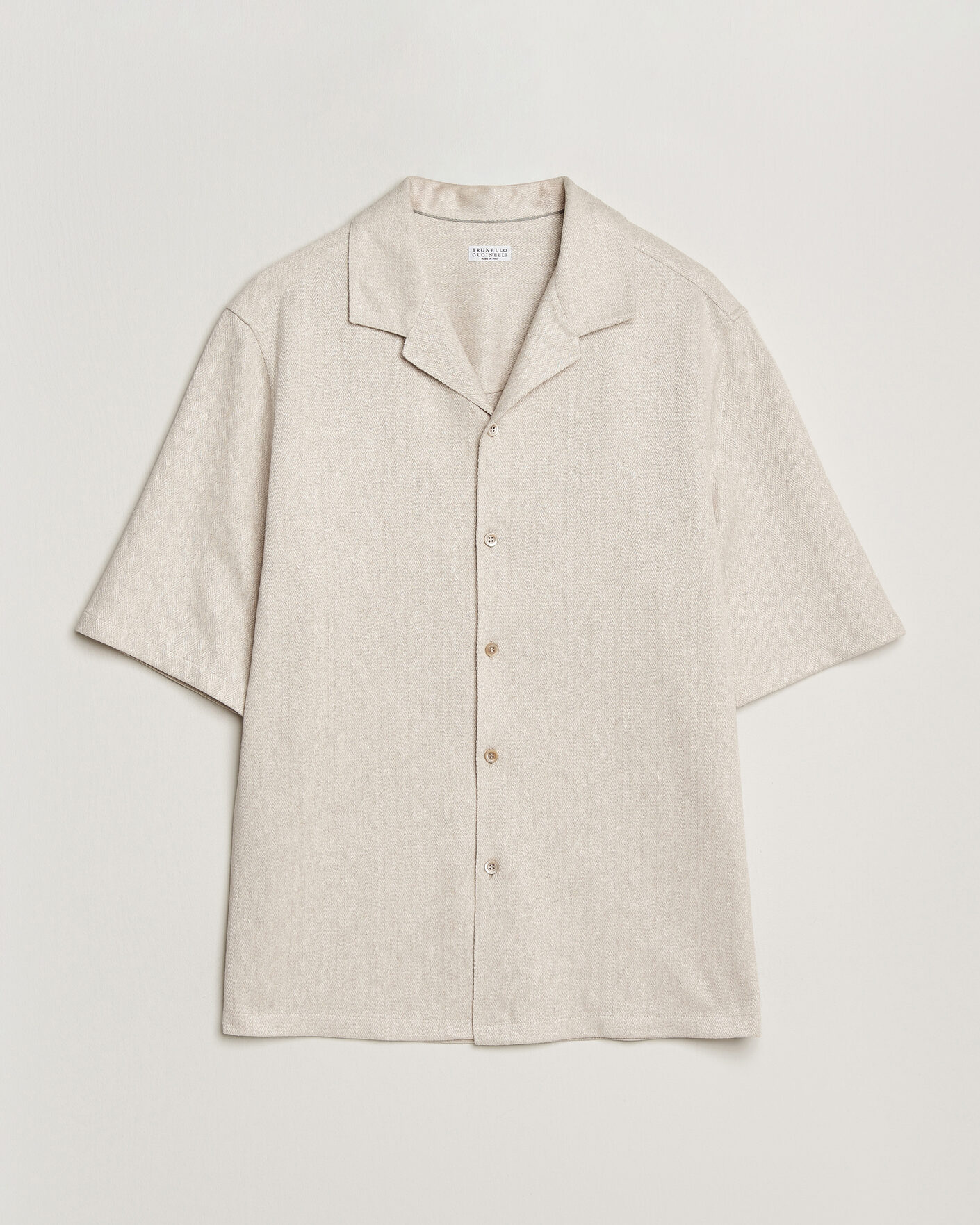 Hombres | Camisas | Brunello Cucinelli | Linen Herringbone Camp Shirt Light Beige