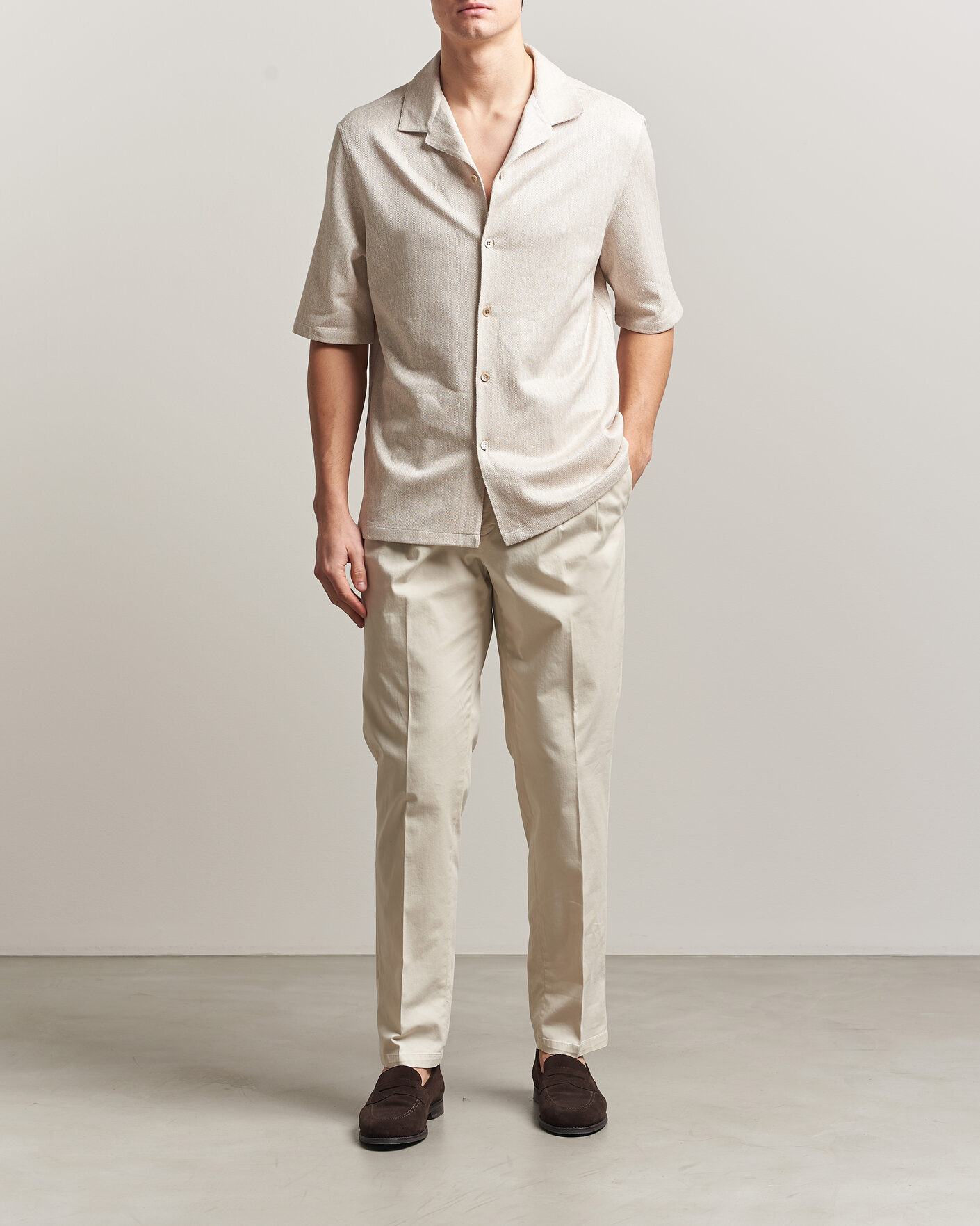 Hombres | Camisas | Brunello Cucinelli | Linen Herringbone Camp Shirt Light Beige