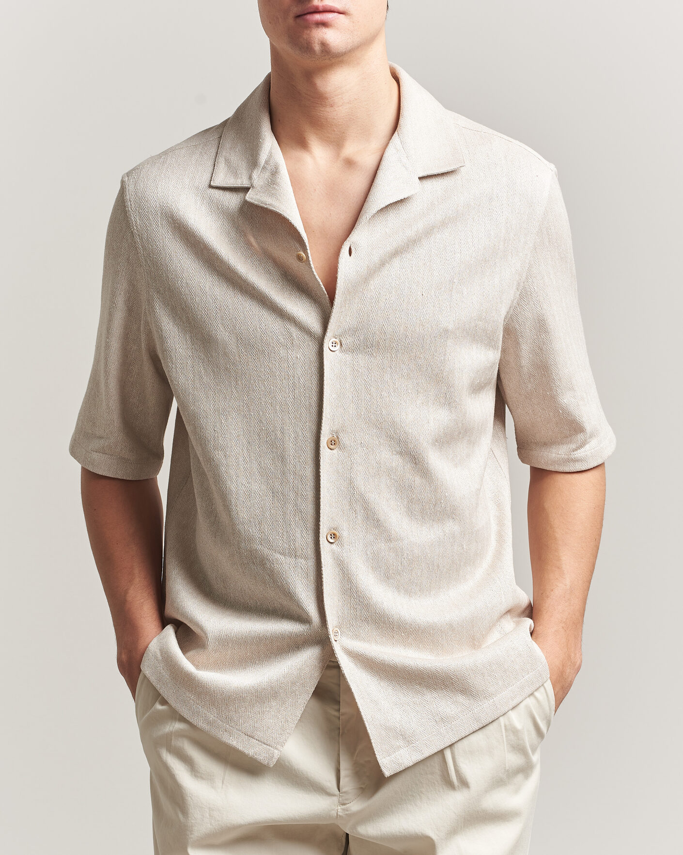 Hombres | Camisas | Brunello Cucinelli | Linen Herringbone Camp Shirt Light Beige