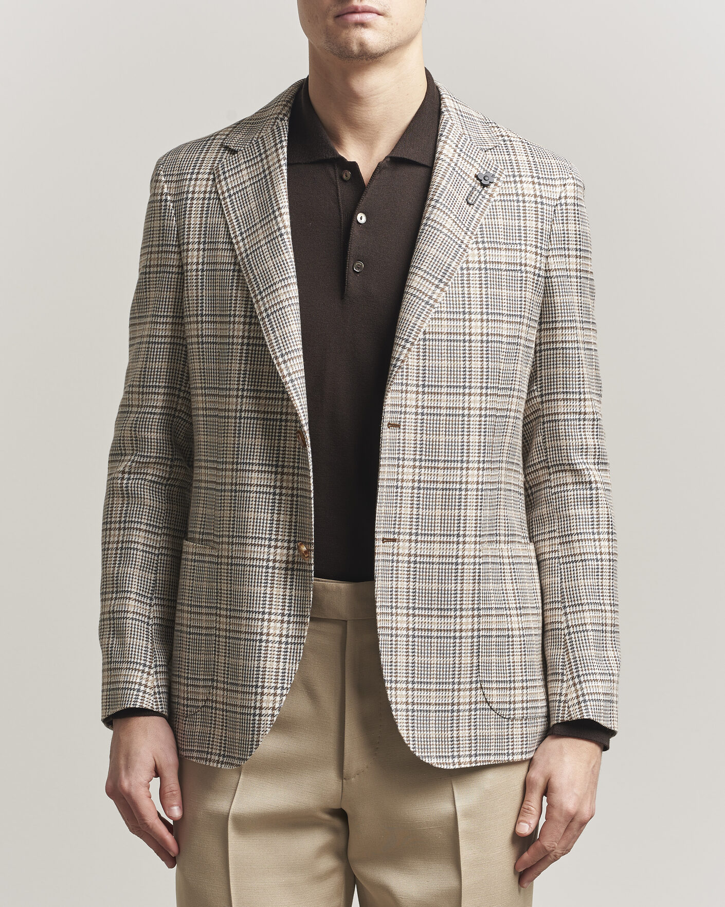 Hombres | Blazers | Lardini | Multi Check Cotton/Linen Blazer Beige