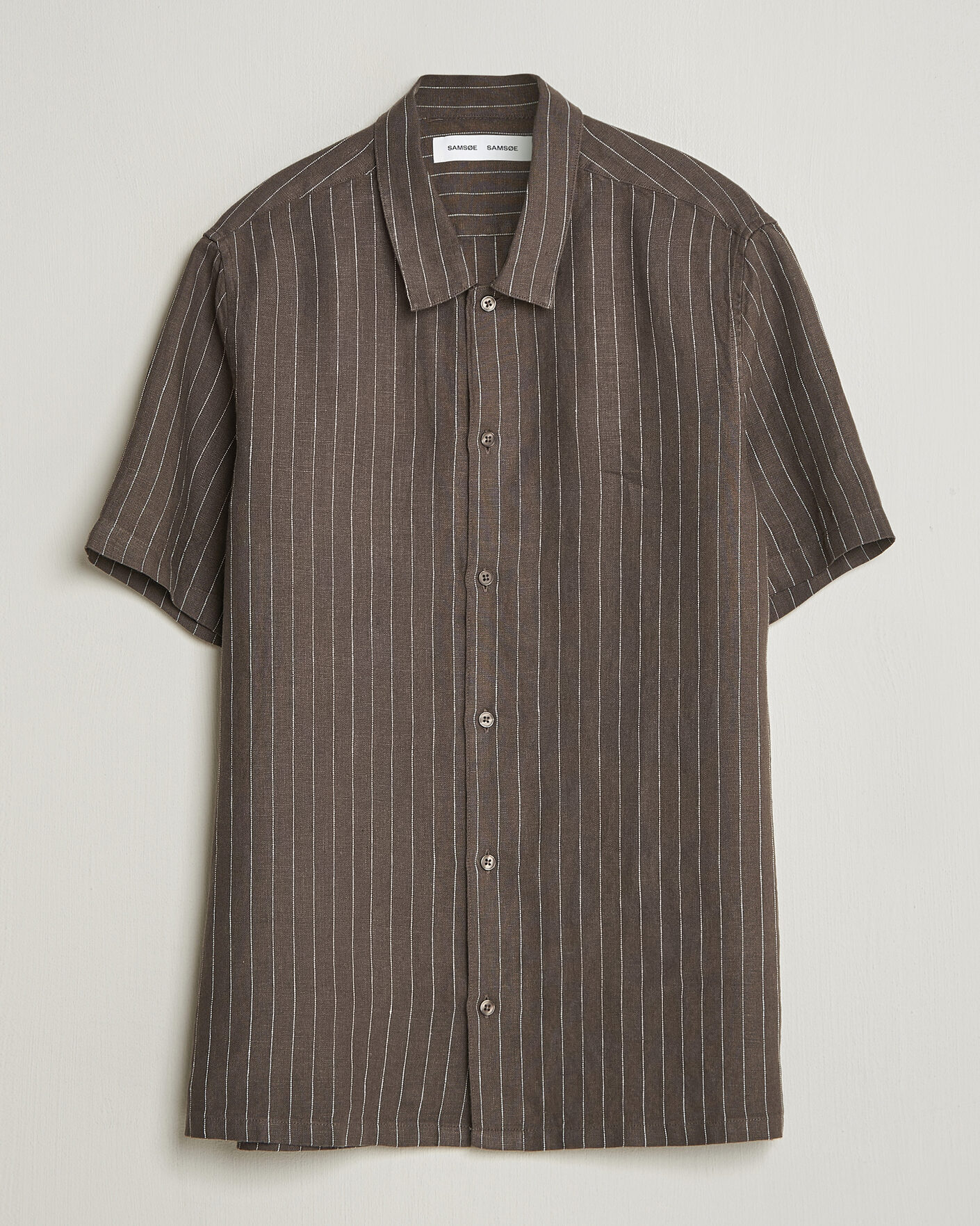 Hombres | Camisas | Samsøe Samsøe | Avan Linen Striped Short Sleeve Shirt Black Olive