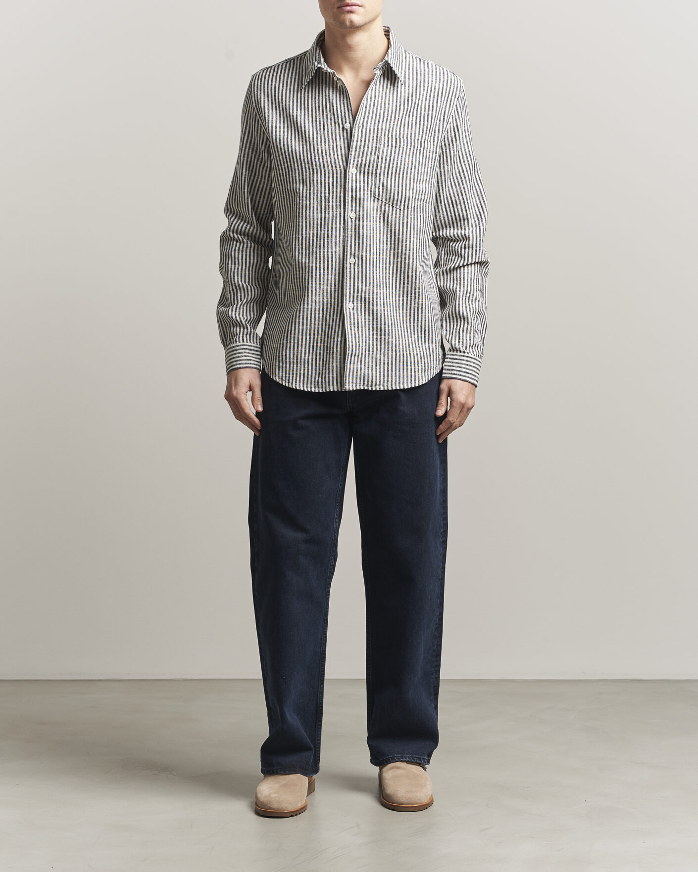 Hombres | Camisas | Samsøe Samsøe | Liam Cotton/Linen Striped Shirt Salute Navy