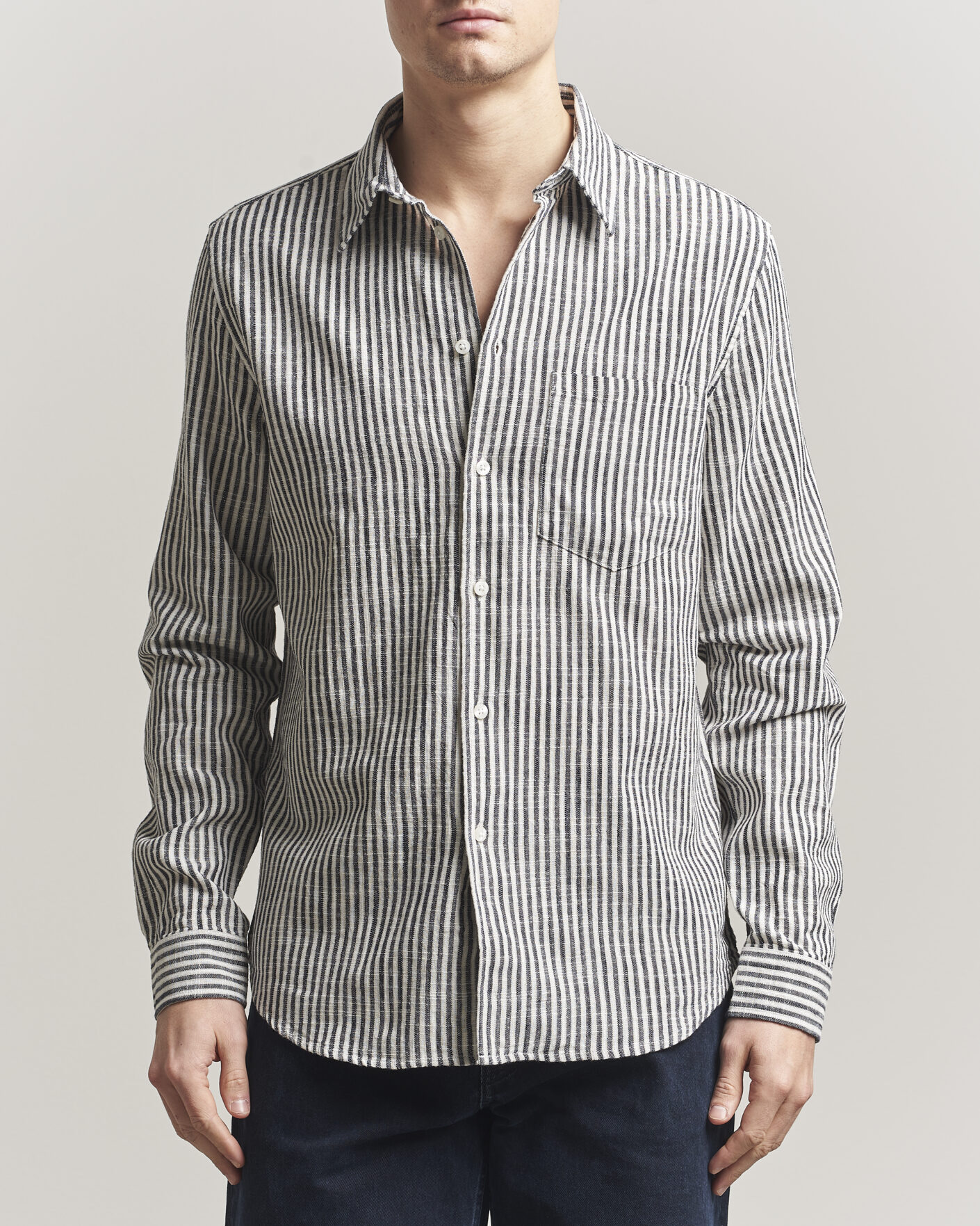 Hombres | Camisas | Samsøe Samsøe | Liam Cotton/Linen Striped Shirt Salute Navy