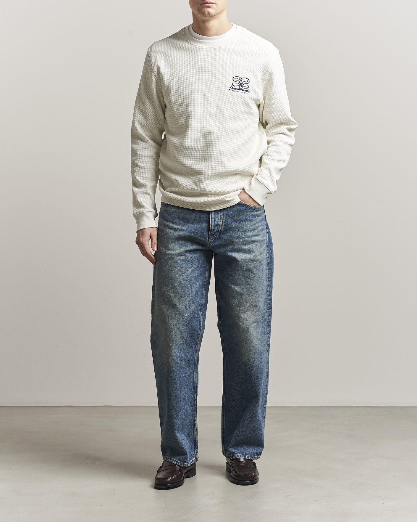 Hombres | Camisetas | Samsøe Samsøe | Fellow Waffle Printed Long Sleeve T-Shirt Clear Cream