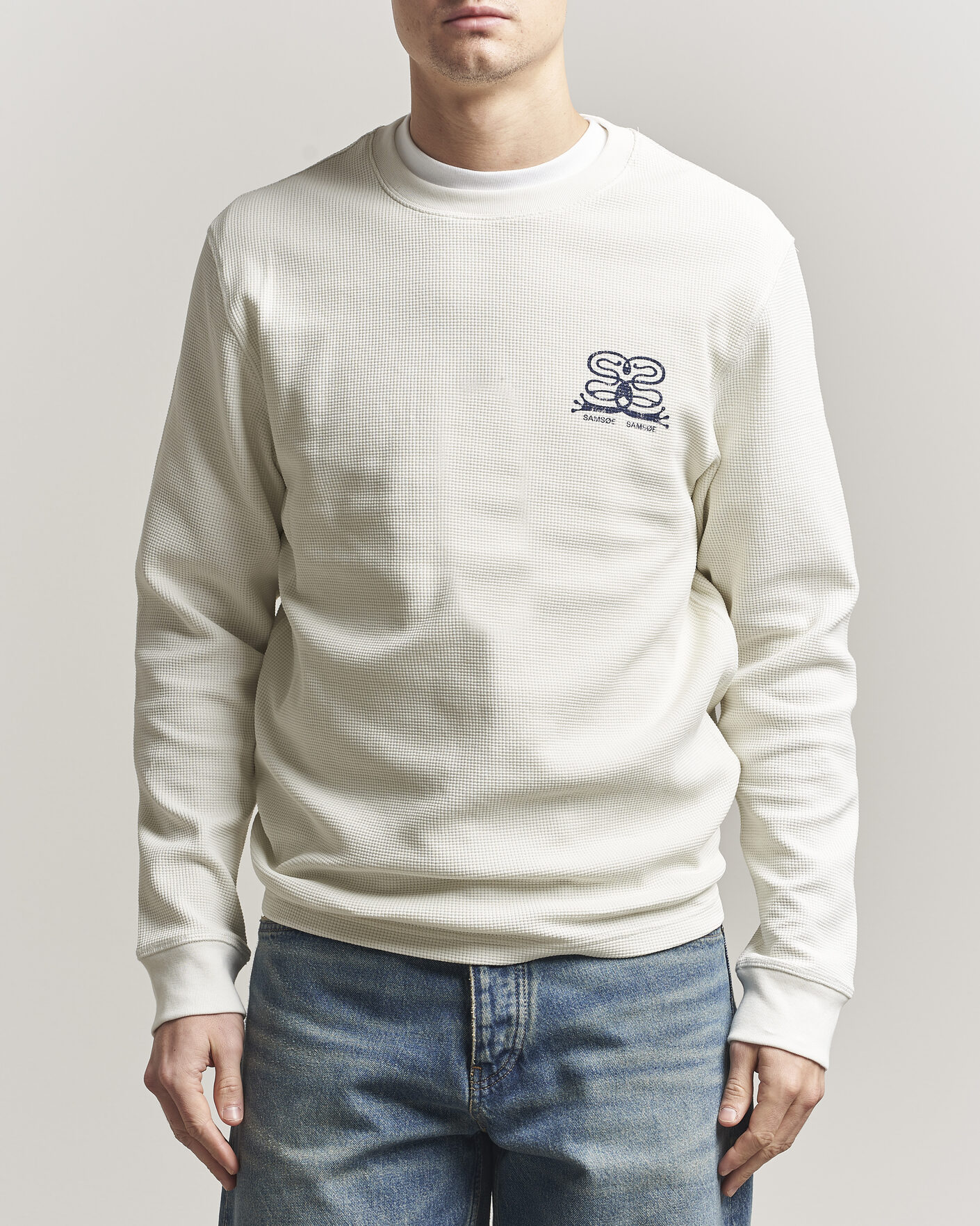 Hombres | Camisetas | Samsøe Samsøe | Fellow Waffle Printed Long Sleeve T-Shirt Clear Cream