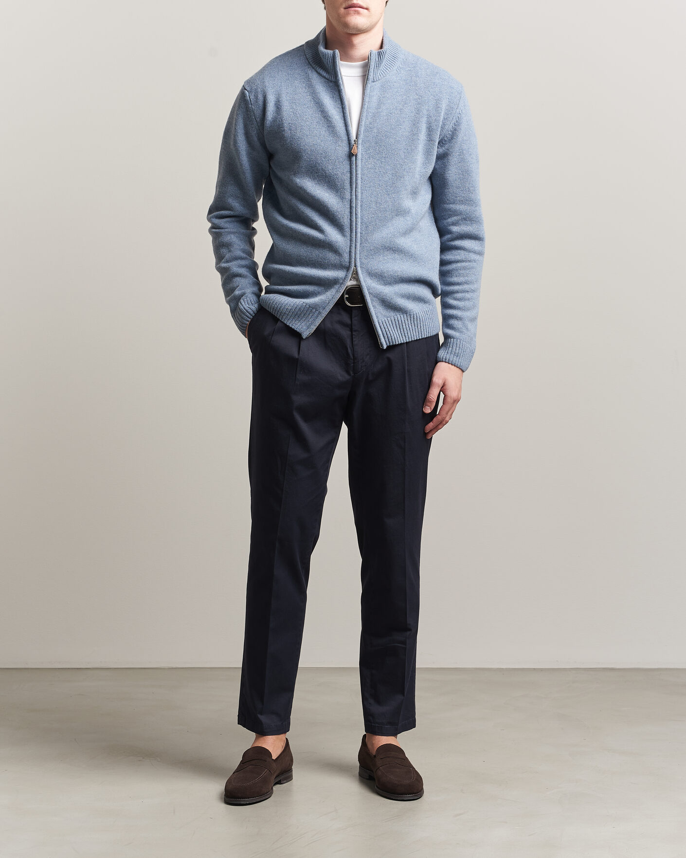 Hombres | Jerséis y prendas de punto | Stenströms | Brushed Merino Full Zip Light Blue