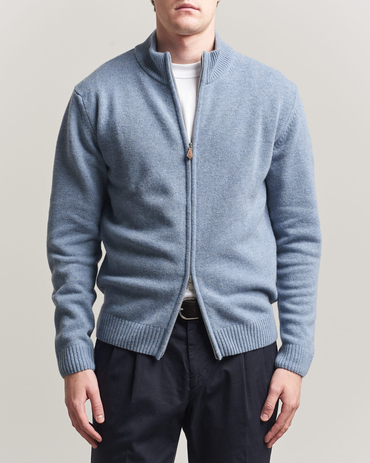 Hombres | Jerséis y prendas de punto | Stenströms | Brushed Merino Full Zip Light Blue