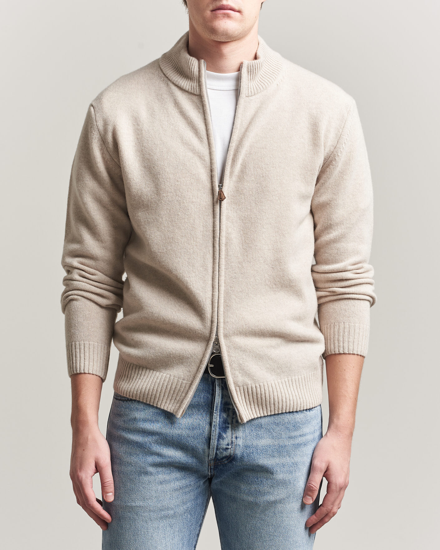 Hombres | Jerséis y prendas de punto | Stenströms | Brushed Merino Full Zip Beige