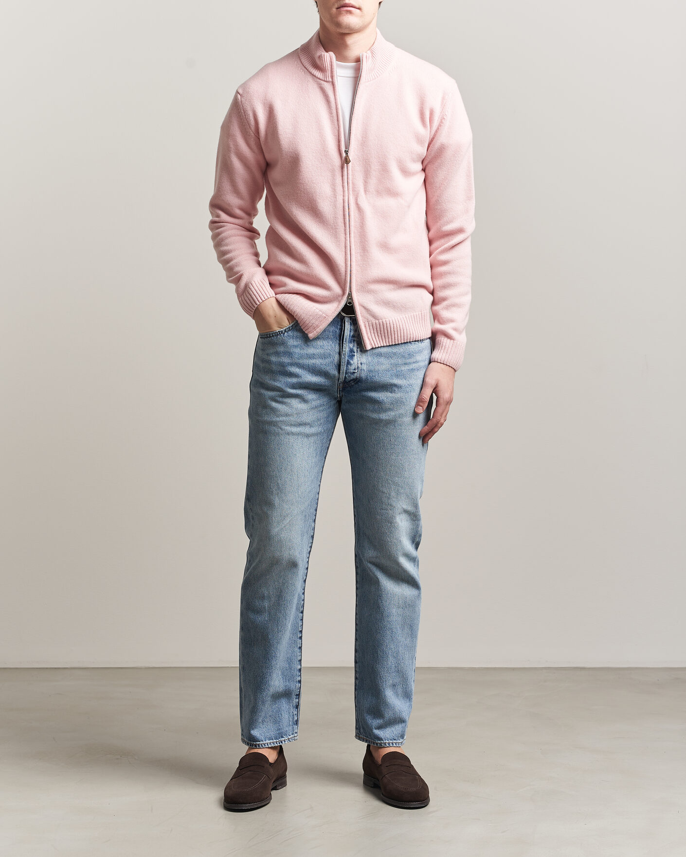 Hombres | Jerséis y prendas de punto | Stenströms | Brushed Merino Full Zip Pink