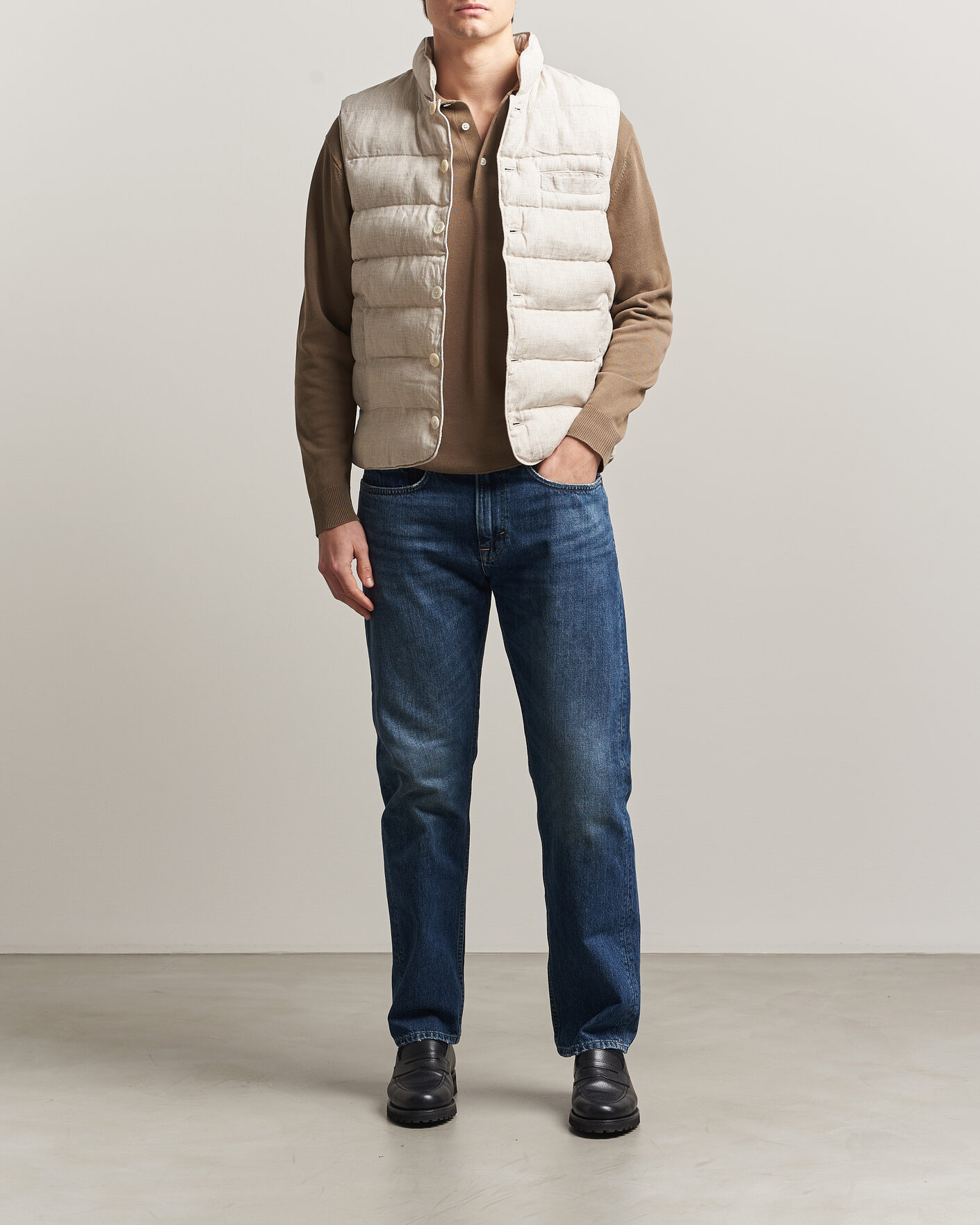 Hombres | Chalecos | Stenströms | Padded Mini Houndstooth Linen Vest Beige
