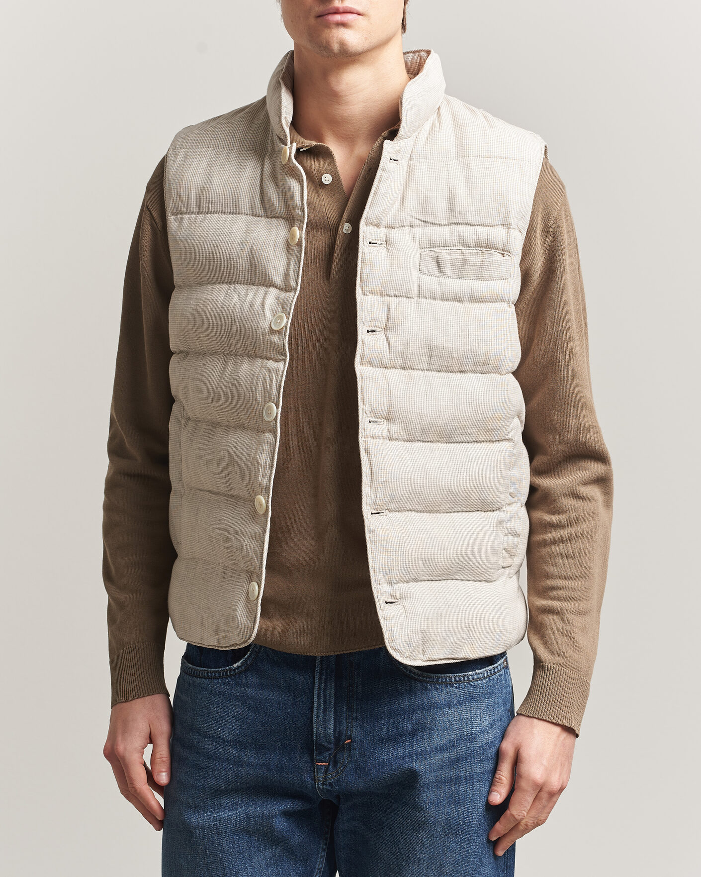 Hombres | Chalecos | Stenströms | Padded Mini Houndstooth Linen Vest Beige