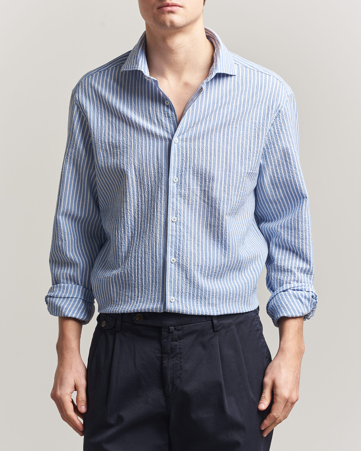 Hombres | Camisas | Stenströms | Regular Fit Striped Seersucker Shirt Blue