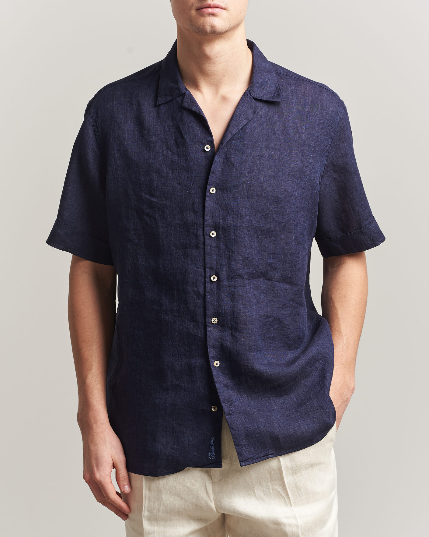 Hombres | Camisas | Stenströms | Short Sleeve Linen Shirt Navy