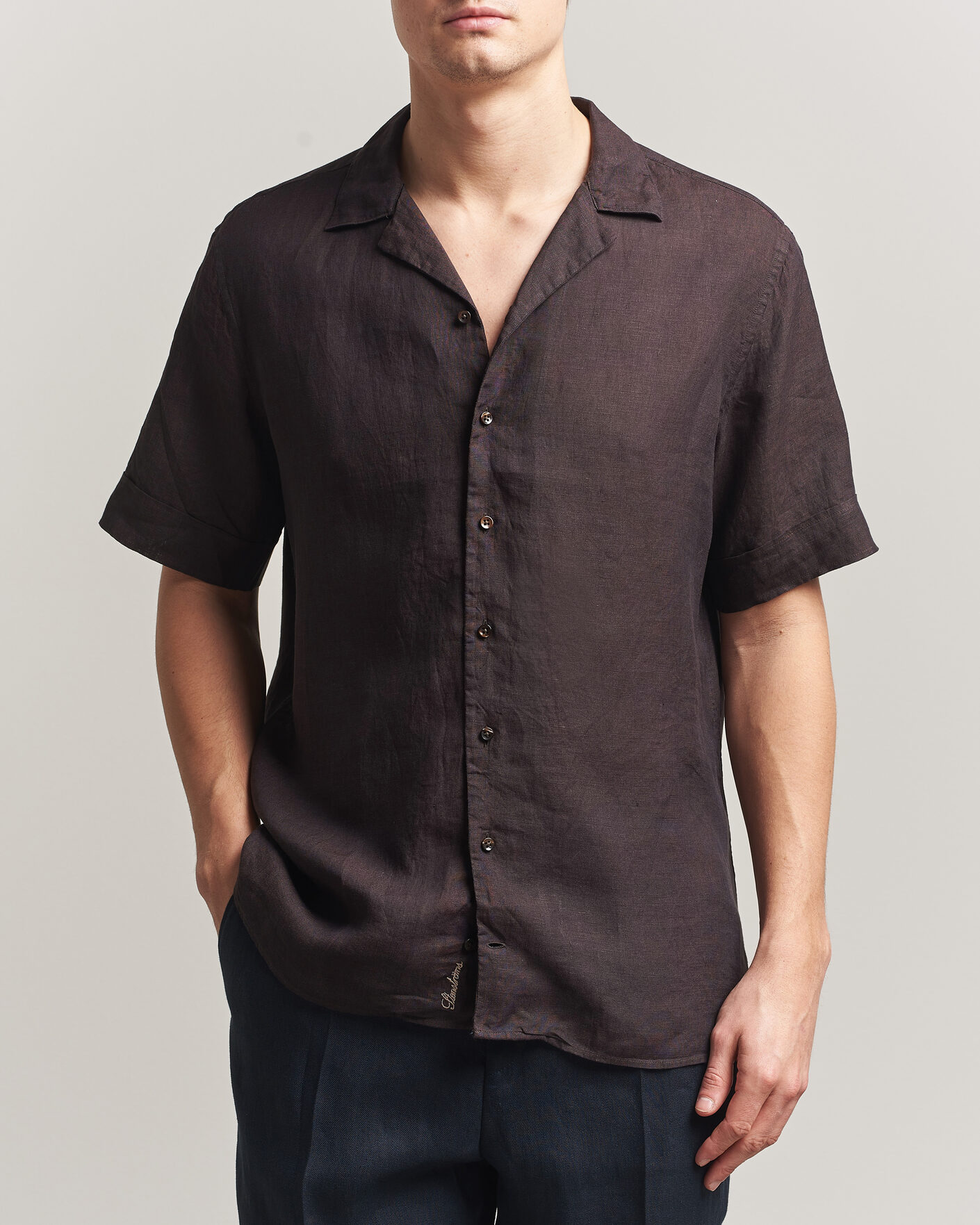 Hombres | Camisas | Stenströms | Short Sleeve Linen Shirt Dark Brown