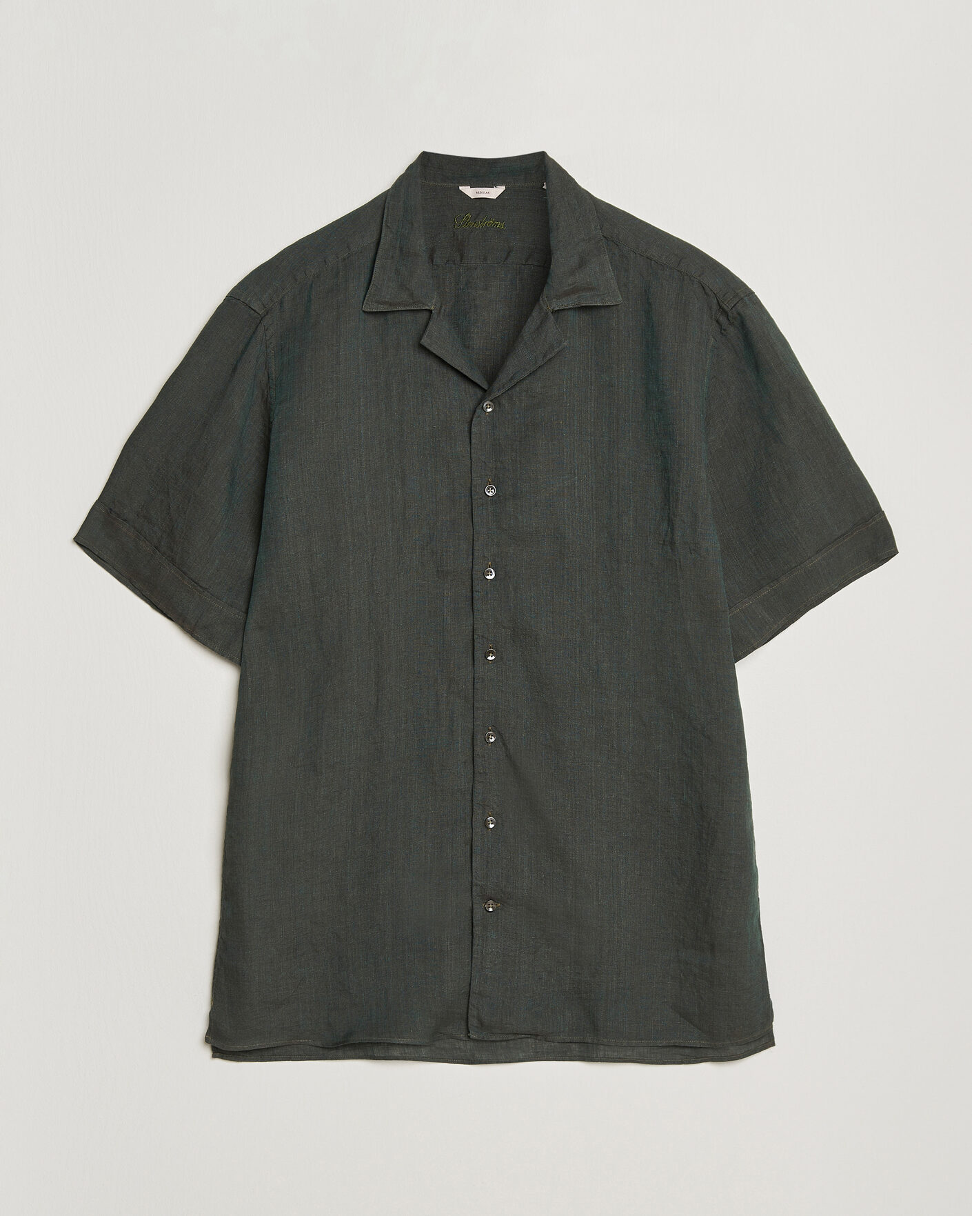 Hombres | Camisas | Stenströms | Short Sleeve Linen Shirt Dark Green