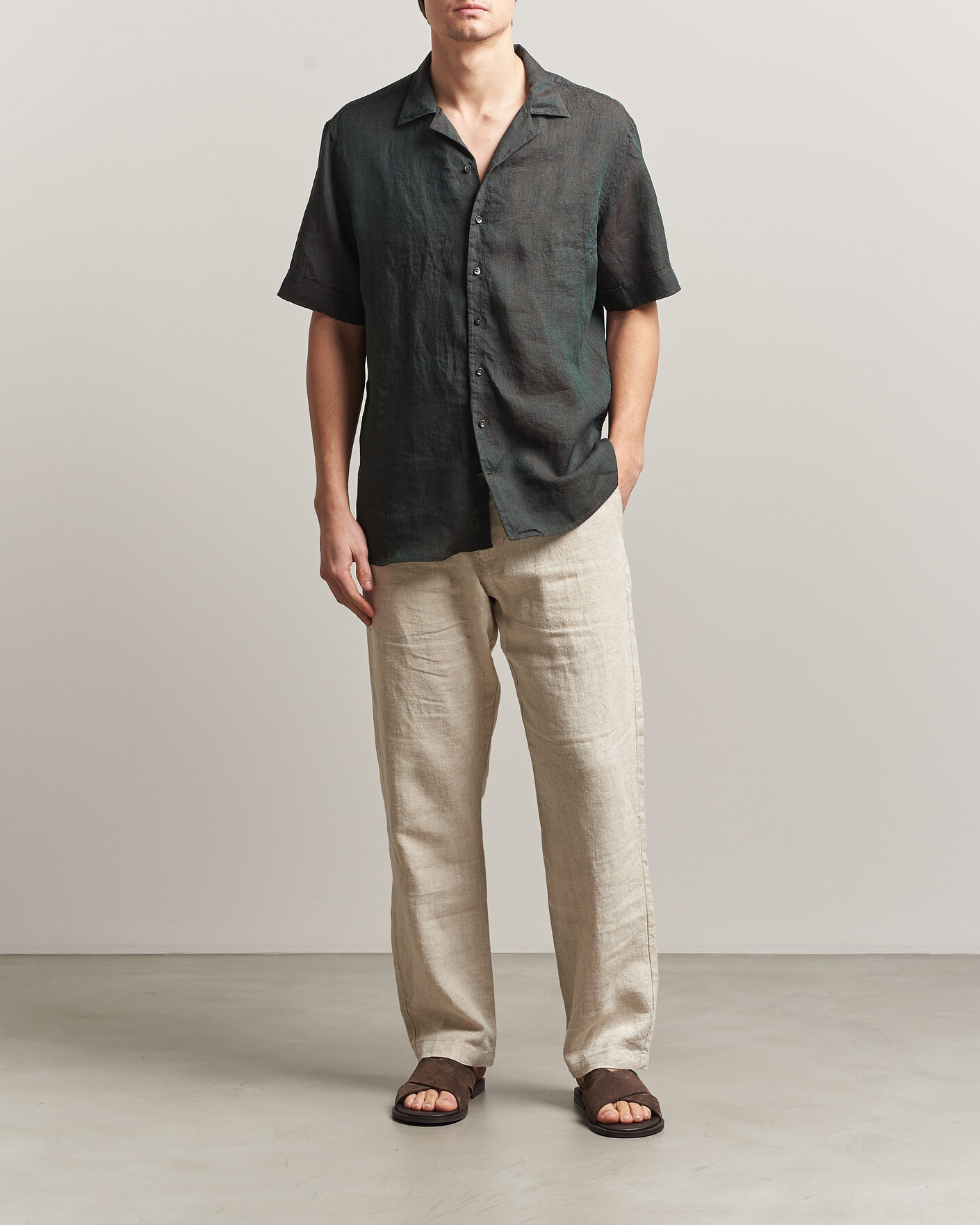 Hombres | Camisas | Stenströms | Short Sleeve Linen Shirt Dark Green