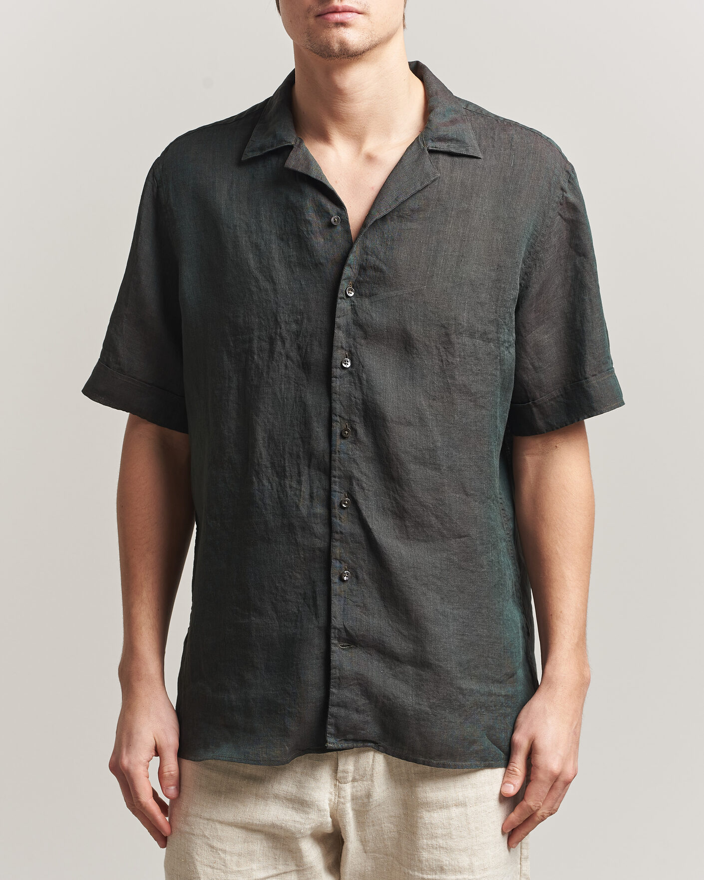 Hombres | Camisas | Stenströms | Short Sleeve Linen Shirt Dark Green