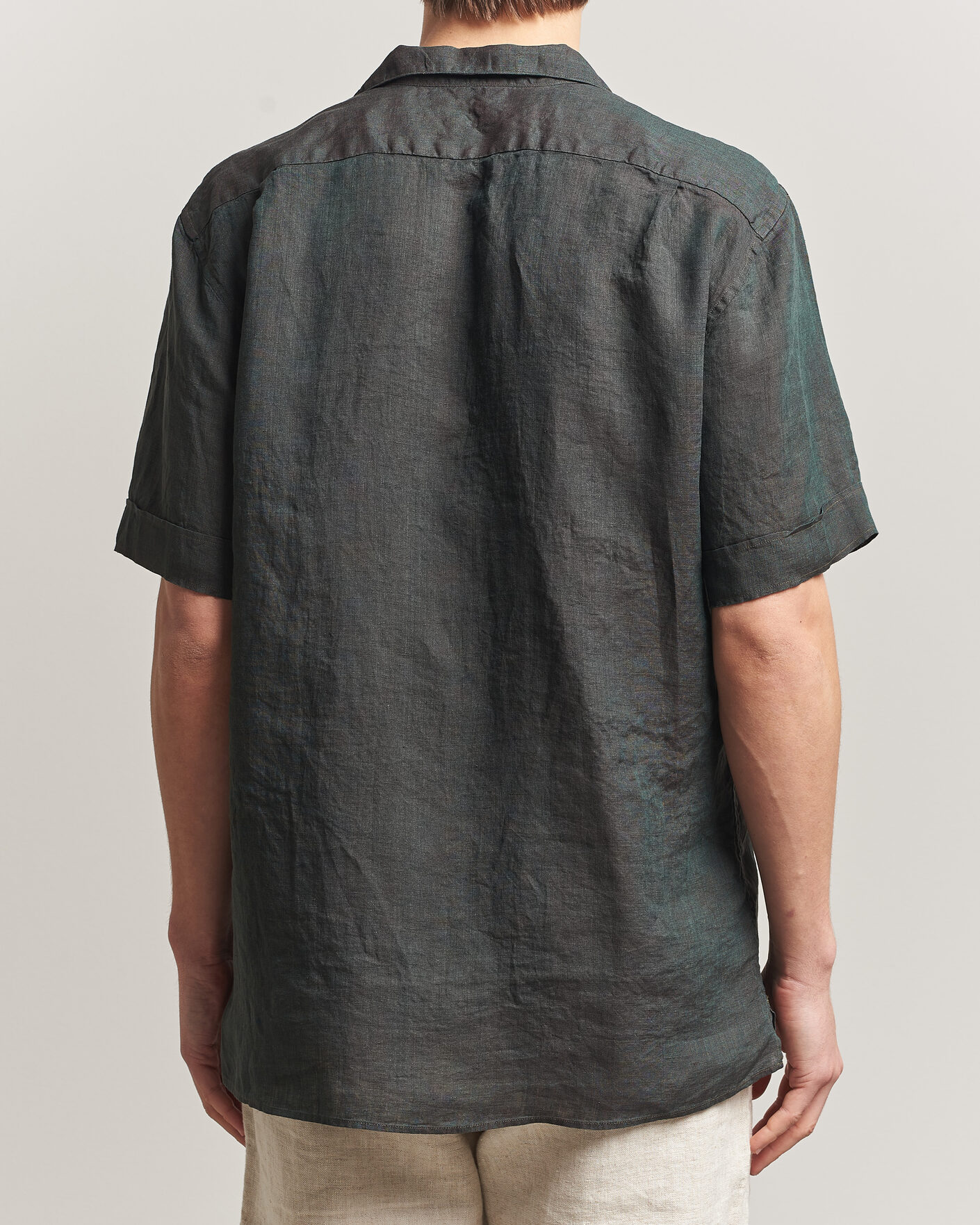 Hombres | Camisas | Stenströms | Short Sleeve Linen Shirt Dark Green