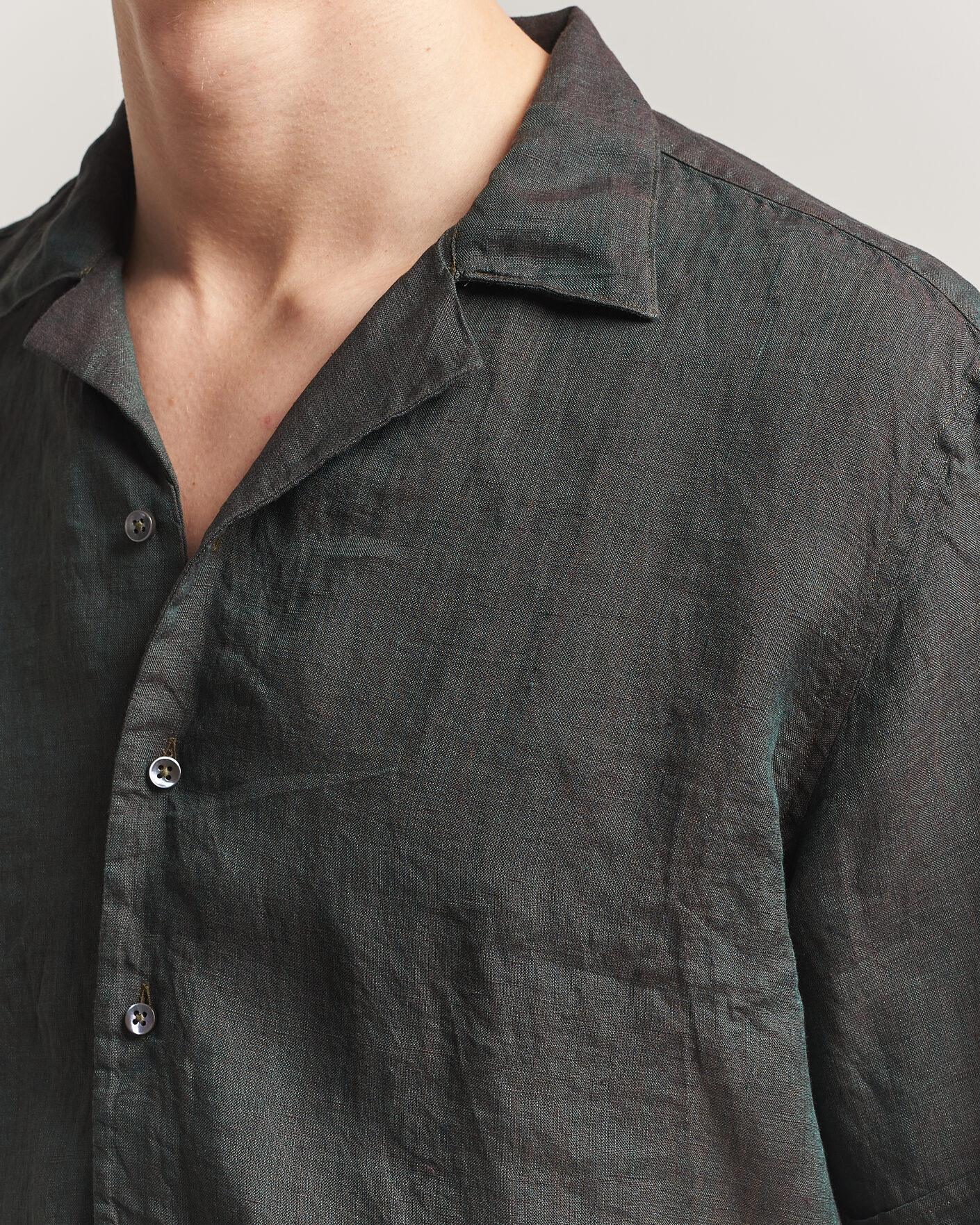 Hombres | Camisas | Stenströms | Short Sleeve Linen Shirt Dark Green