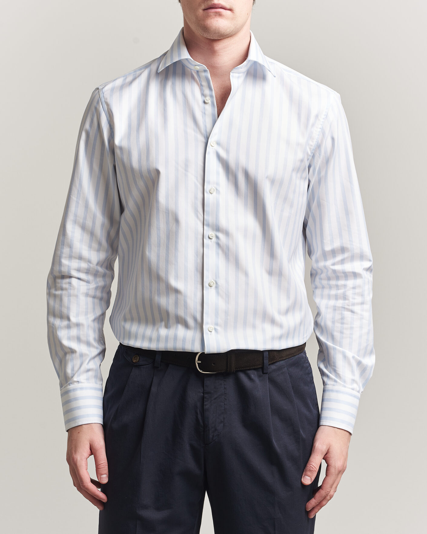 Hombres | Camisas | Stenströms | Regular Wide Stripe Twill Shirt Light Blue