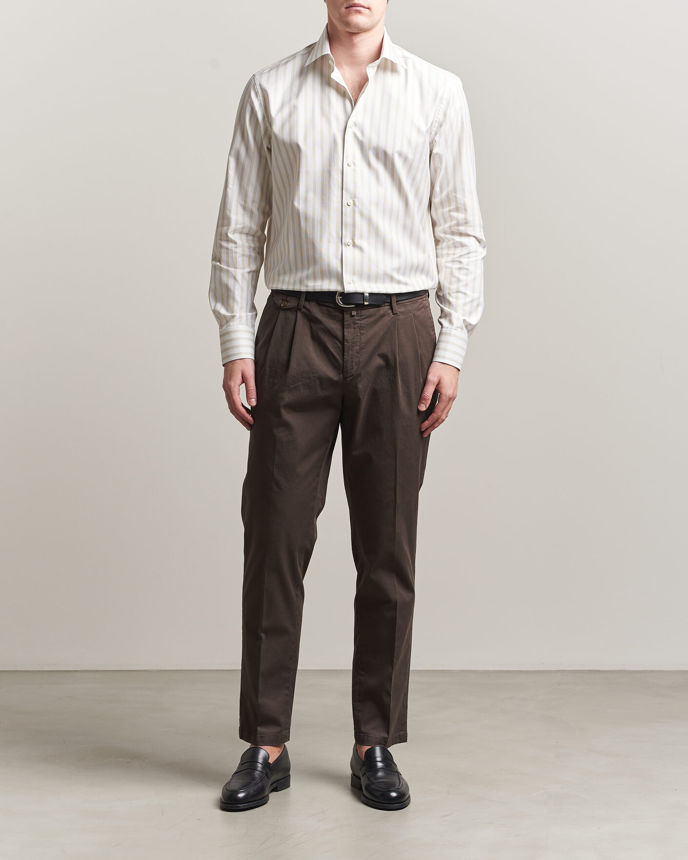 Hombres | Camisas | Stenströms | Regular Wide Stripe Twill Shirt Beige