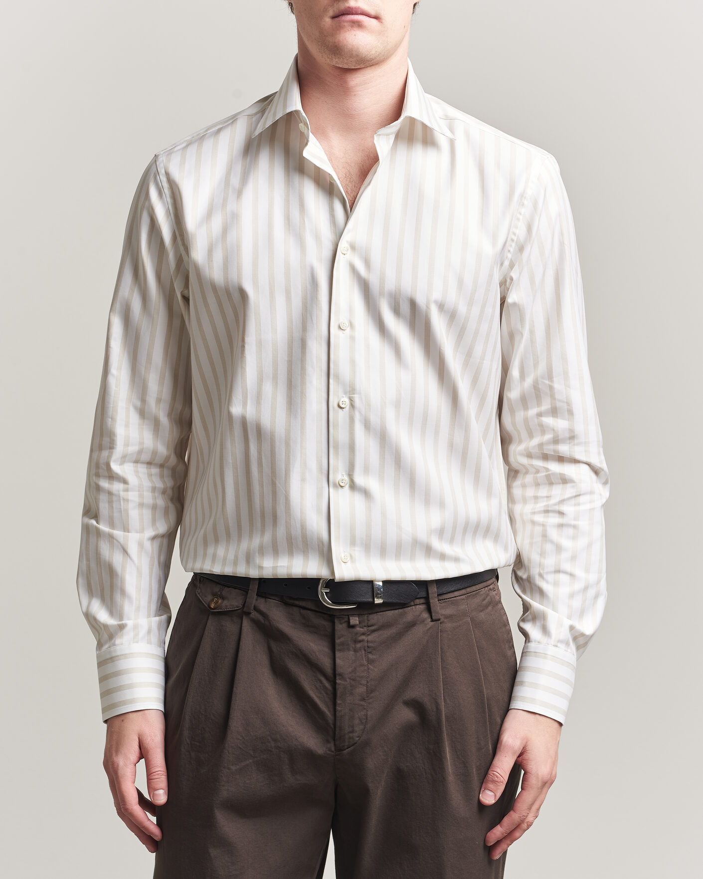 Hombres | Camisas | Stenströms | Regular Wide Stripe Twill Shirt Beige
