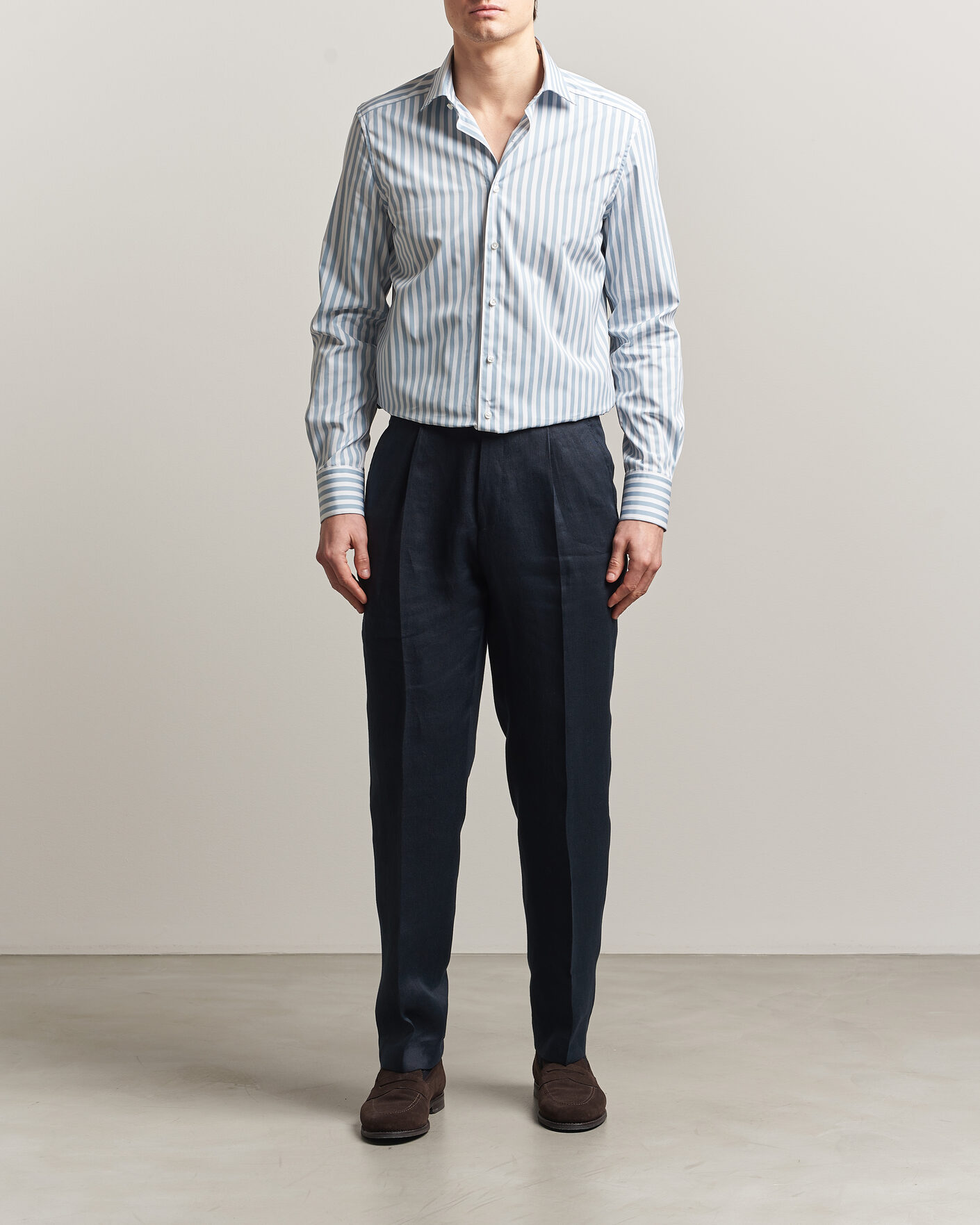 Hombres | Camisas | Stenströms | 1899 Cotton Twill Striped Shirt Blue