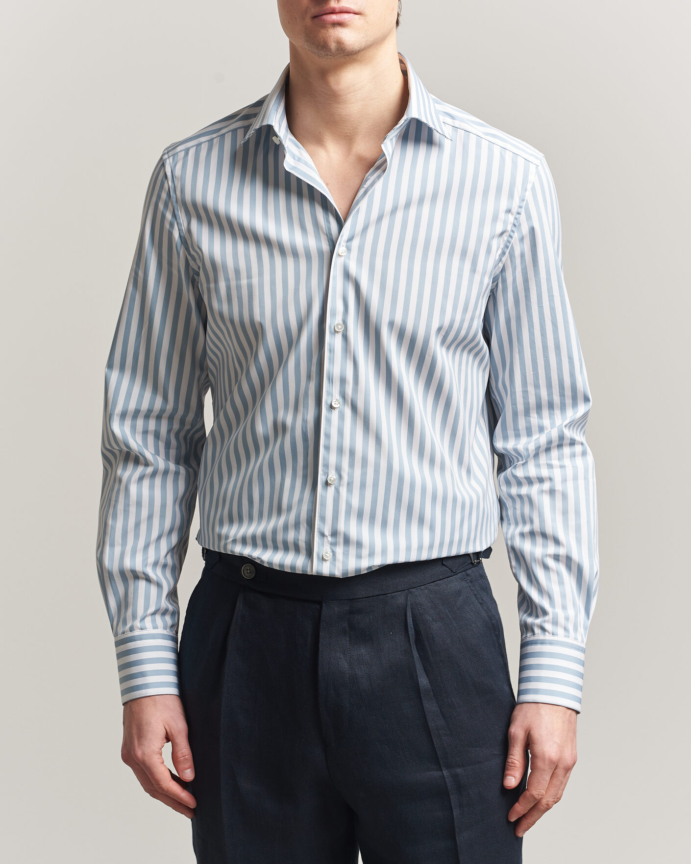 Hombres | Camisas | Stenströms | 1899 Cotton Twill Striped Shirt Blue