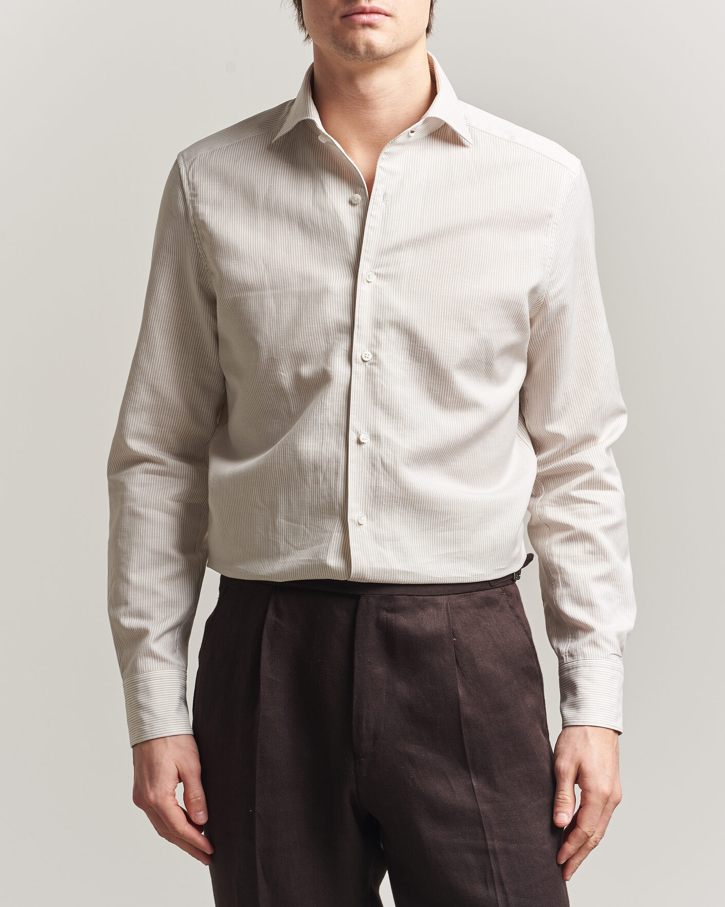 Hombres | Camisas | Stenströms | 1899 Cotton/Linen/Silk Striped Shirt Beige