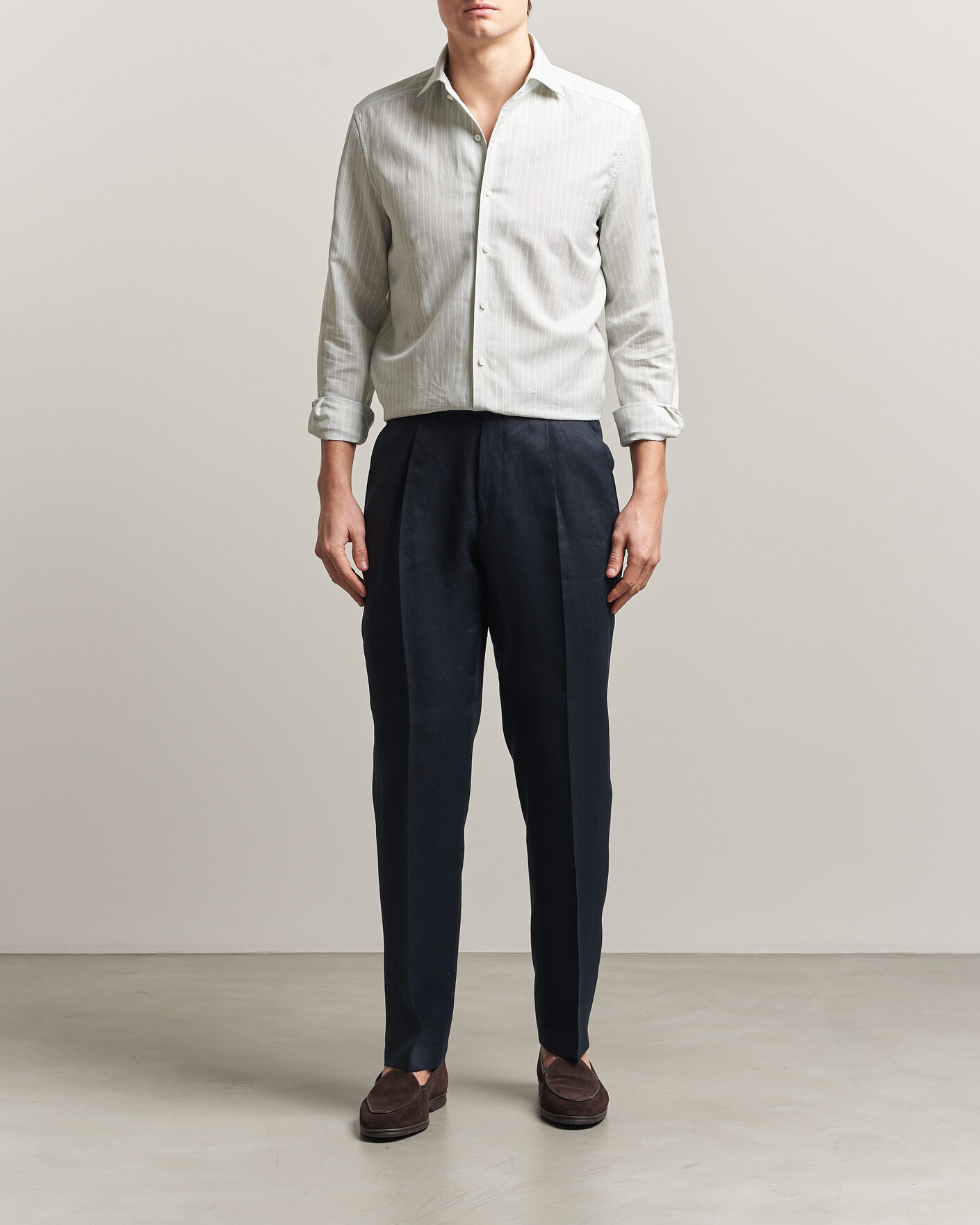 Hombres | Camisas | Stenströms | 1899 Cotton/Linen/Silk Striped Shirt Green
