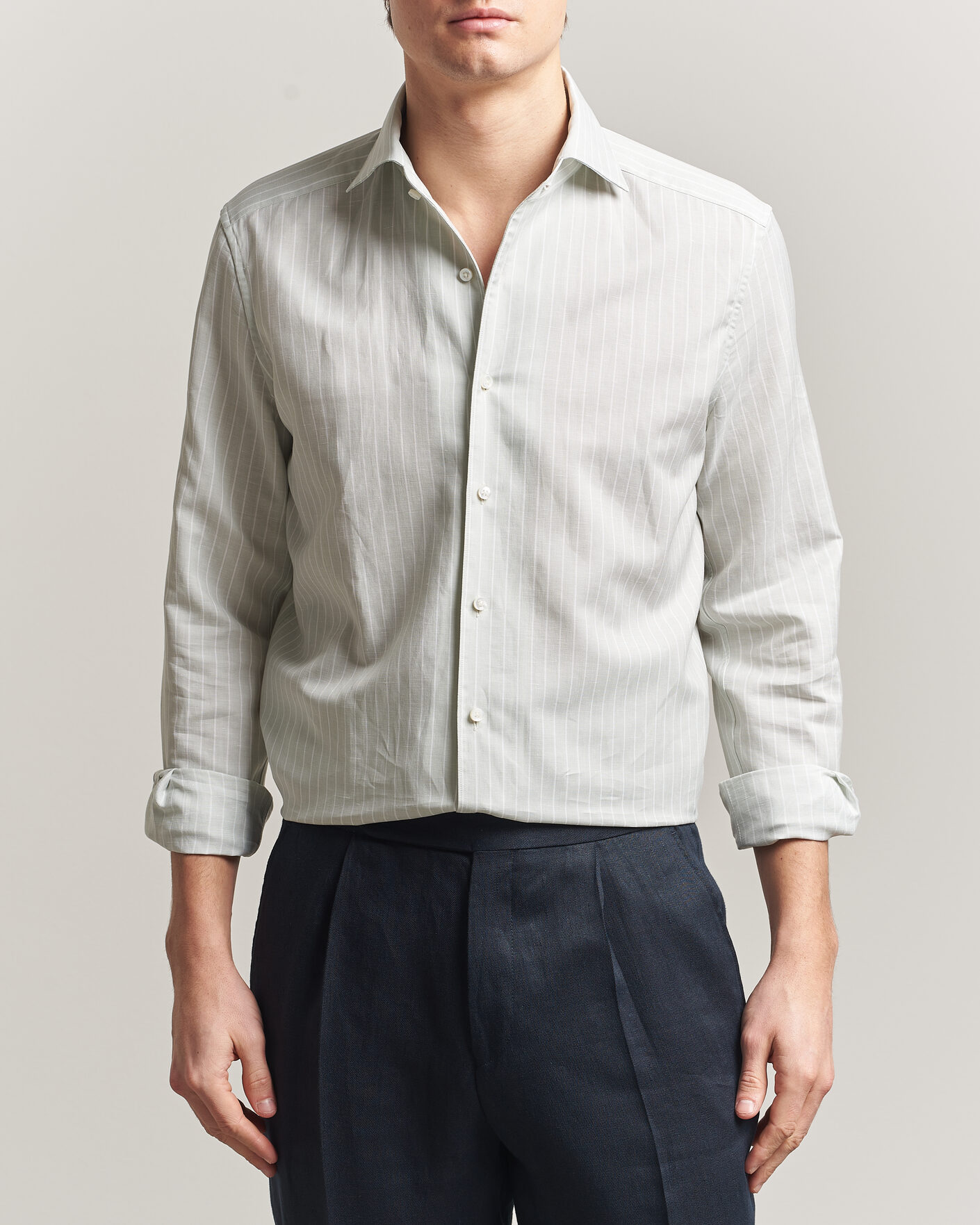 Hombres | Camisas | Stenströms | 1899 Cotton/Linen/Silk Striped Shirt Green