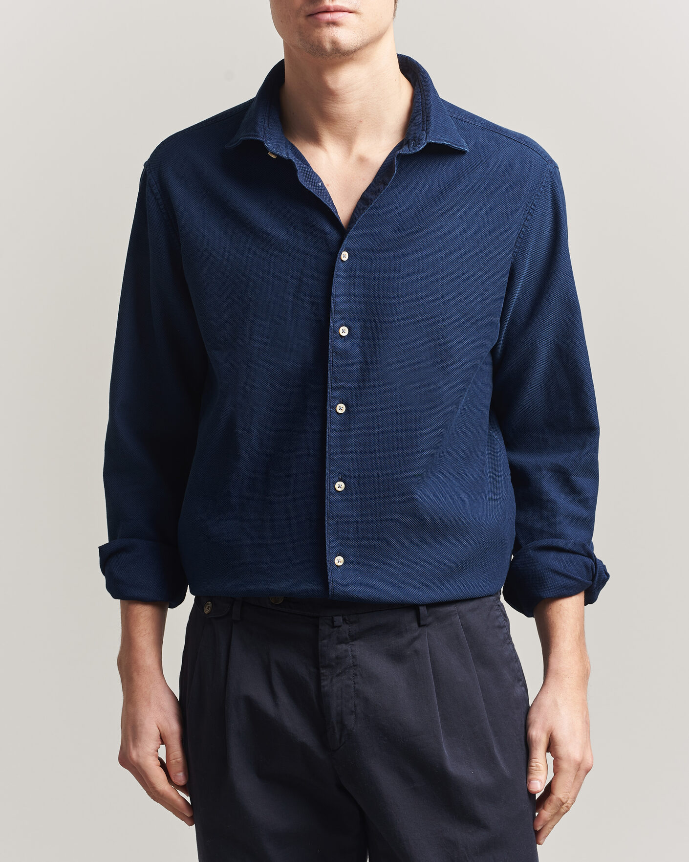 Hombres | Camisas | Stenströms | Regular Fit Structured Denim Shirt Navy