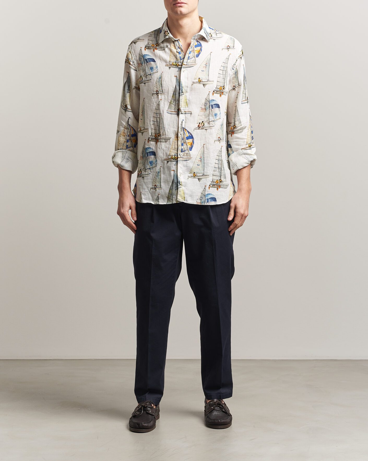 Hombres | Camisas | Stenströms | Regular Fit Printed Sailing Linen Shirt White