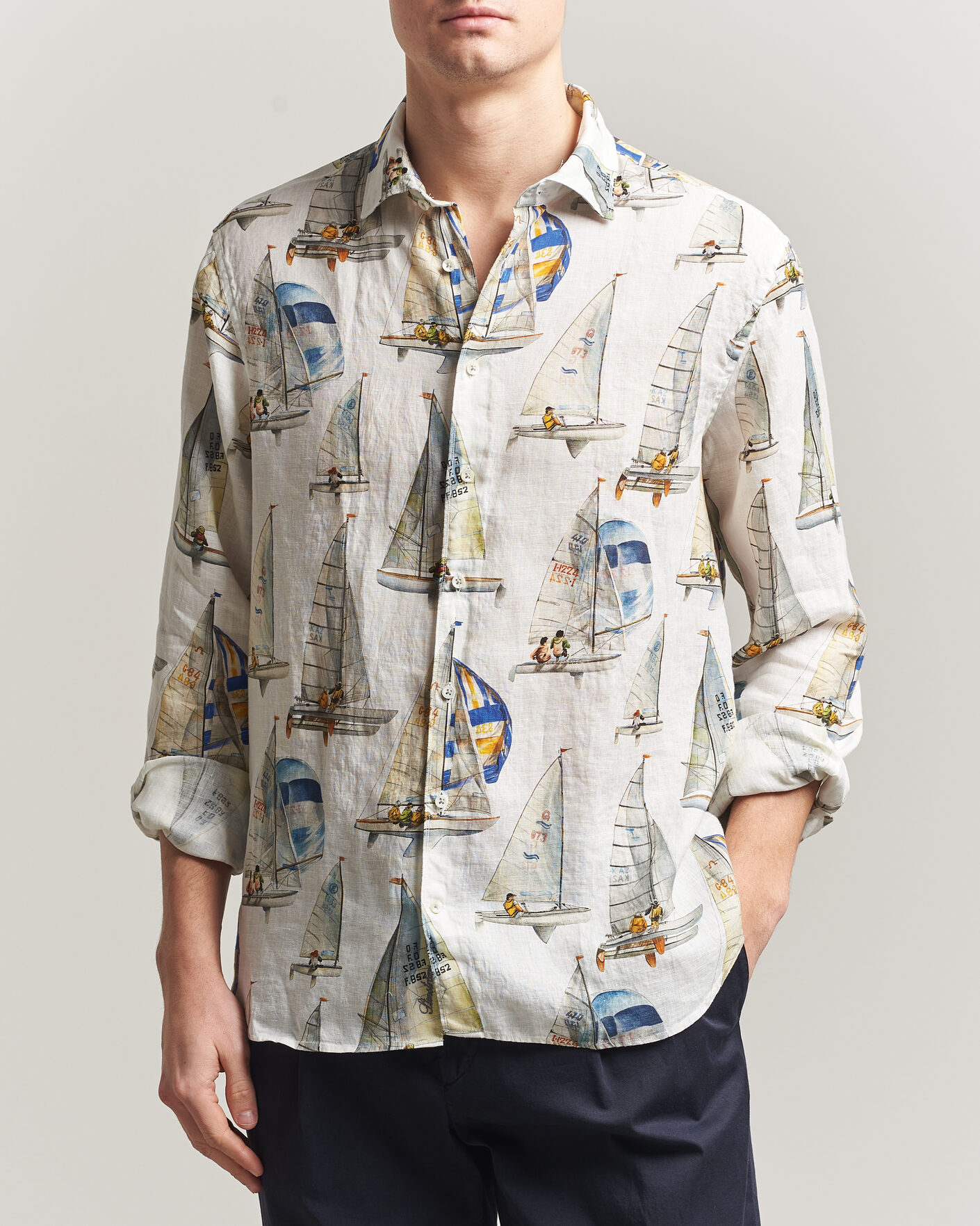 Hombres | Camisas | Stenströms | Regular Fit Printed Sailing Linen Shirt White