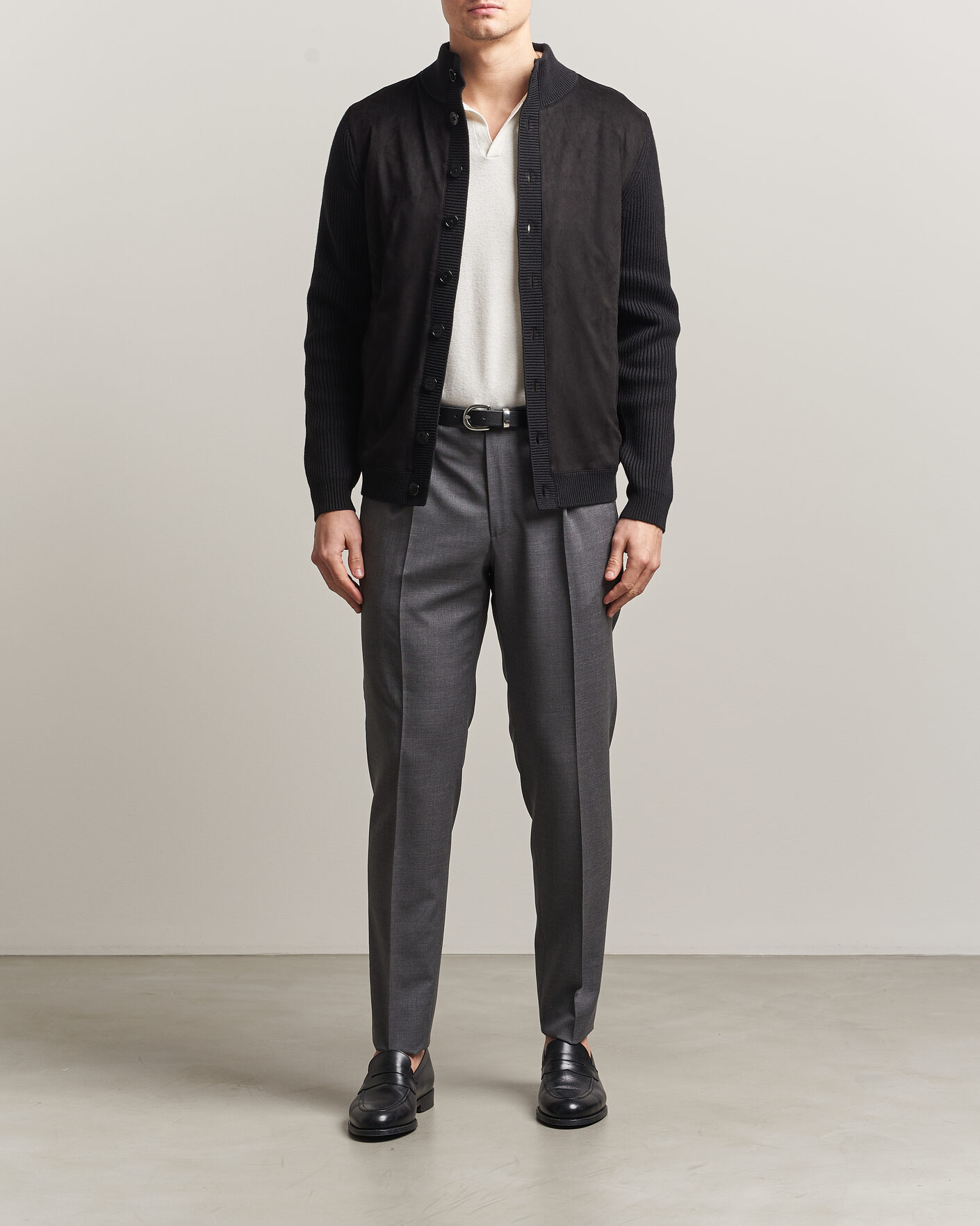Hombres | Jerséis y prendas de punto | Stenströms | Knitted Hybrid Buttoned Alcantara Cardigan Black