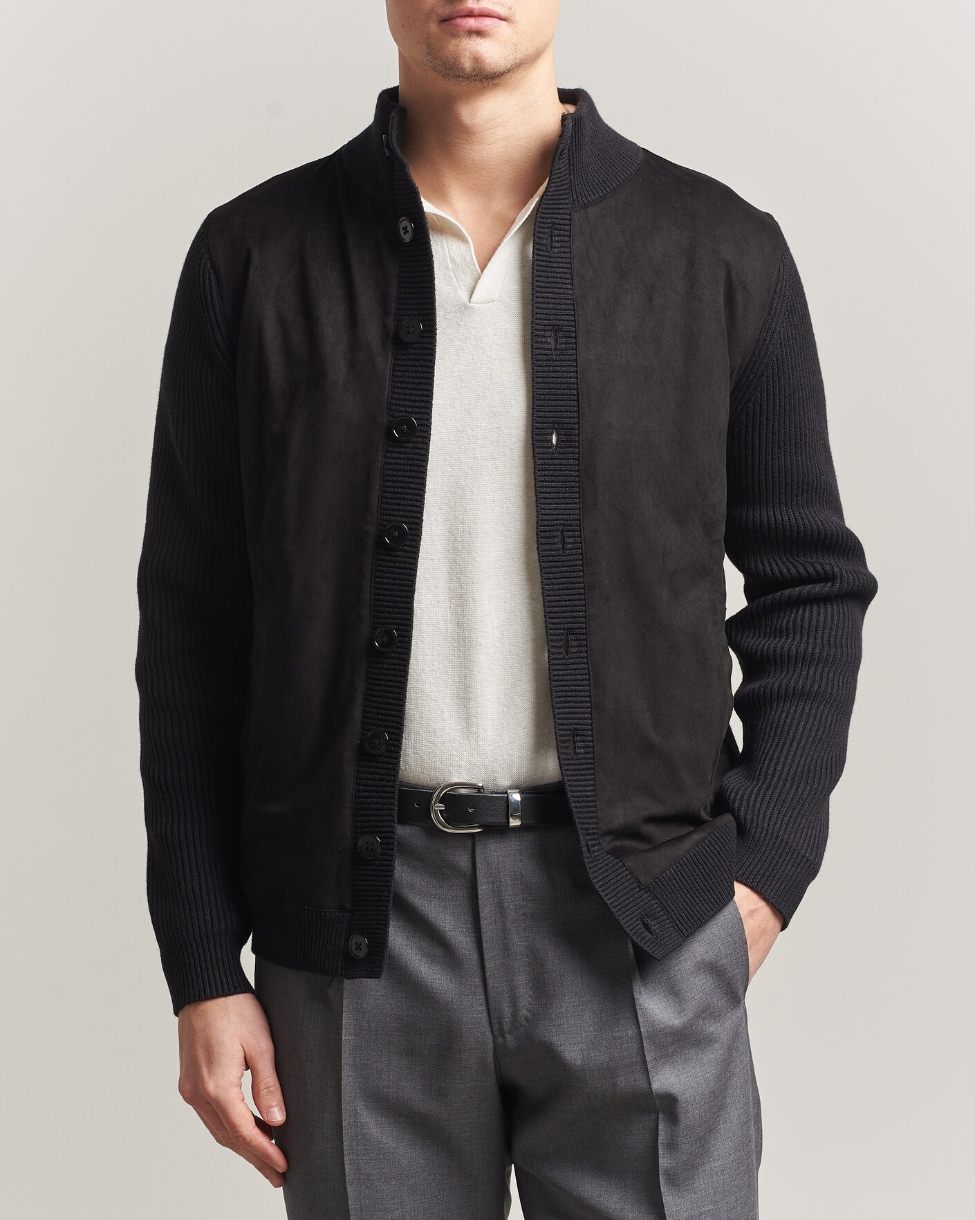 Hombres | Jerséis y prendas de punto | Stenströms | Knitted Hybrid Buttoned Alcantara Cardigan Black