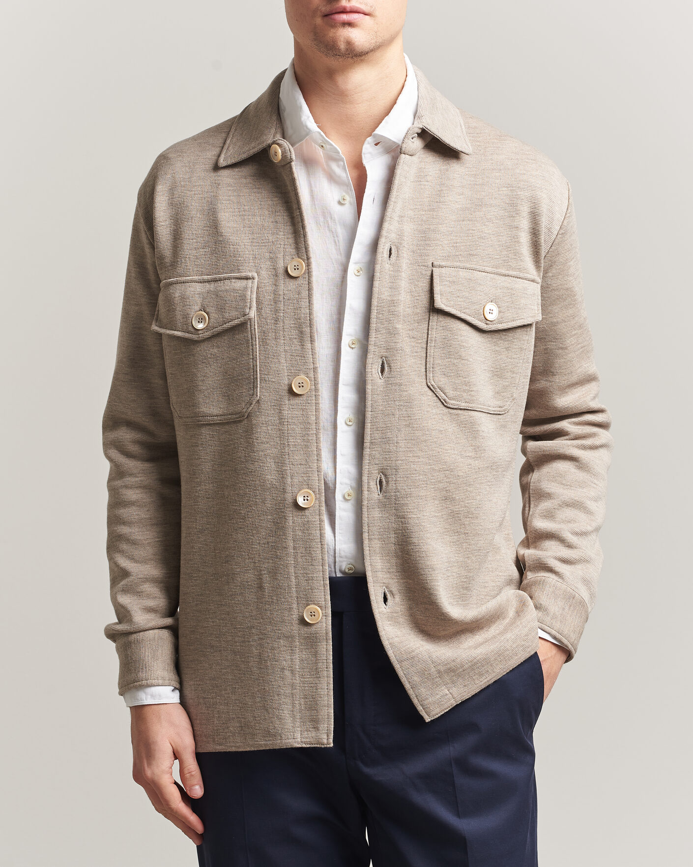 Hombres | Jerséis y prendas de punto | Stenströms | Milano Knitted Merino Overshirt Beige