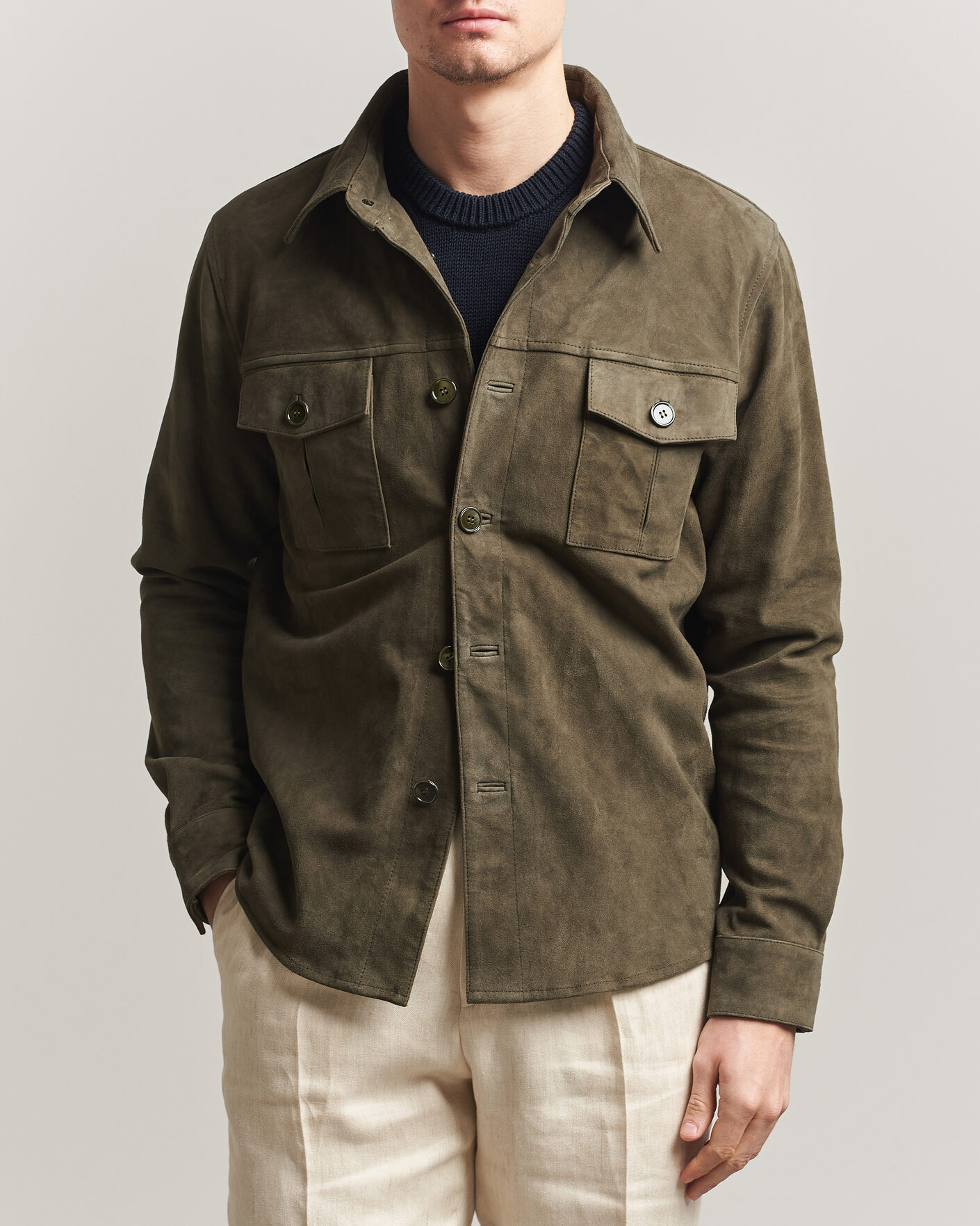 Hombres | Abrigos y chaquetas | Stenströms | Suede Pocket Overshirt Olive