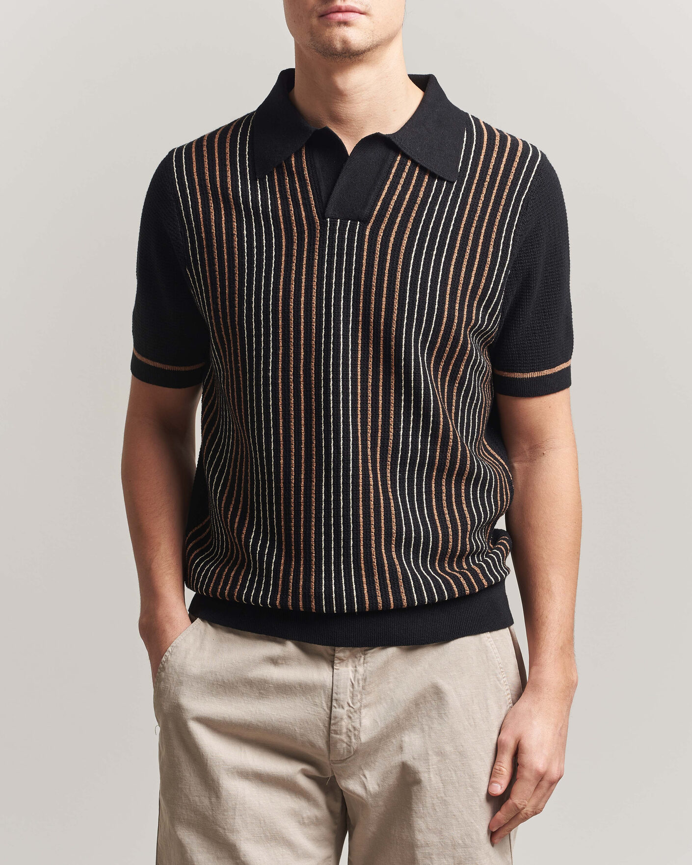 Hombres | Polos | Stenströms | Knitted Stripe Hemp/Cotton Polo Black