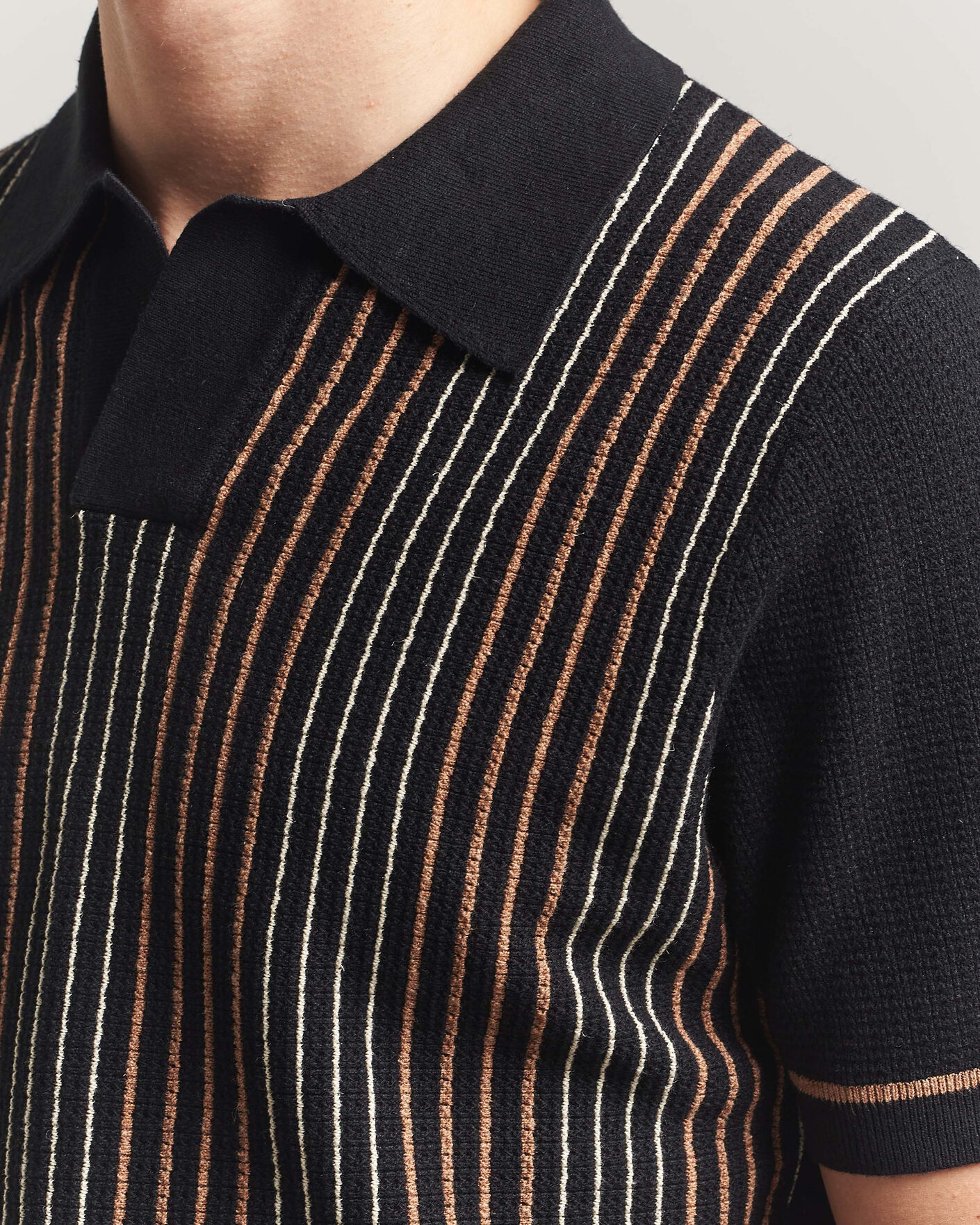 Hombres | Polos | Stenströms | Knitted Stripe Hemp/Cotton Polo Black