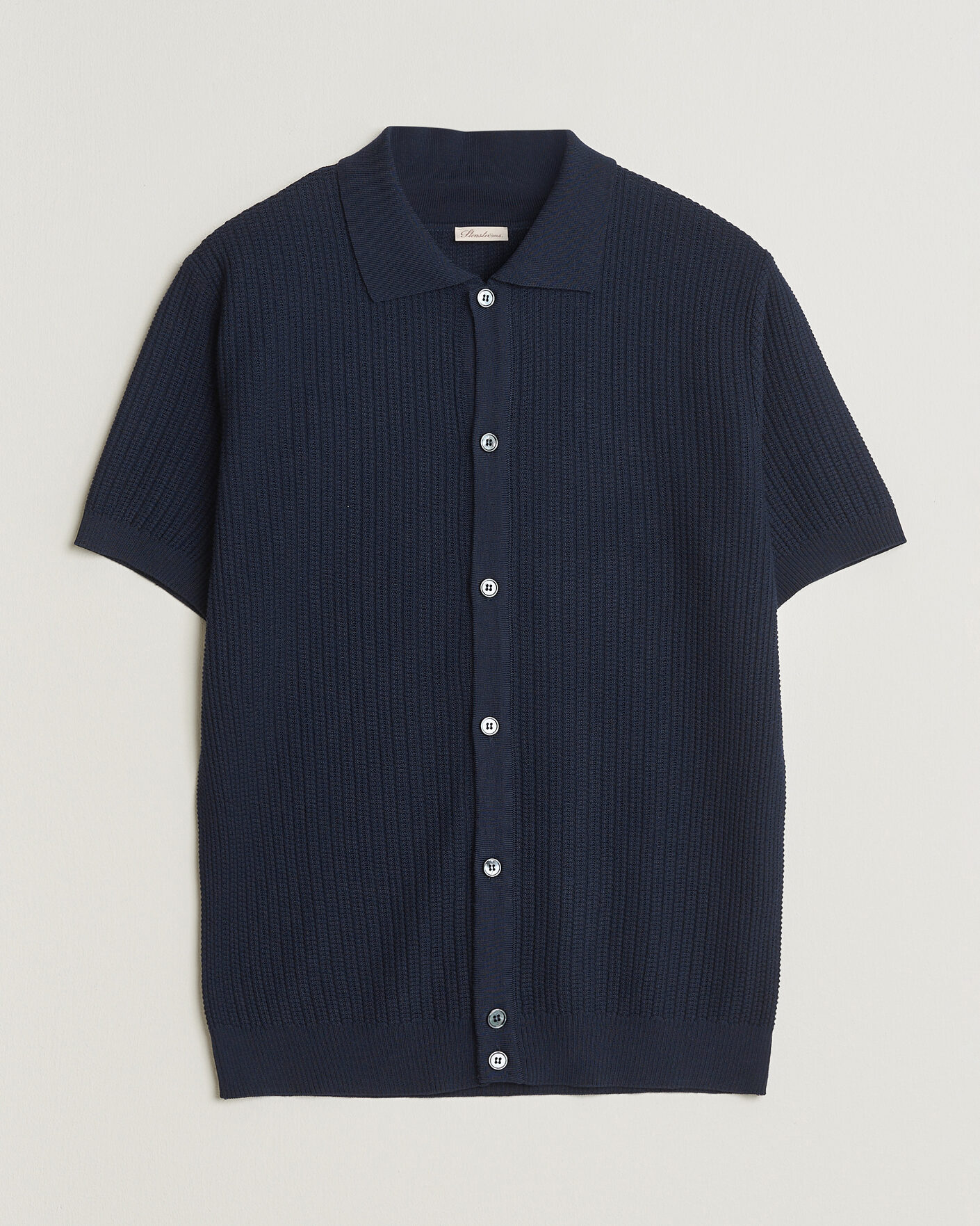 Hombres | Polos | Stenströms | Knitted Buttonthru Merino Polo Shirt Navy