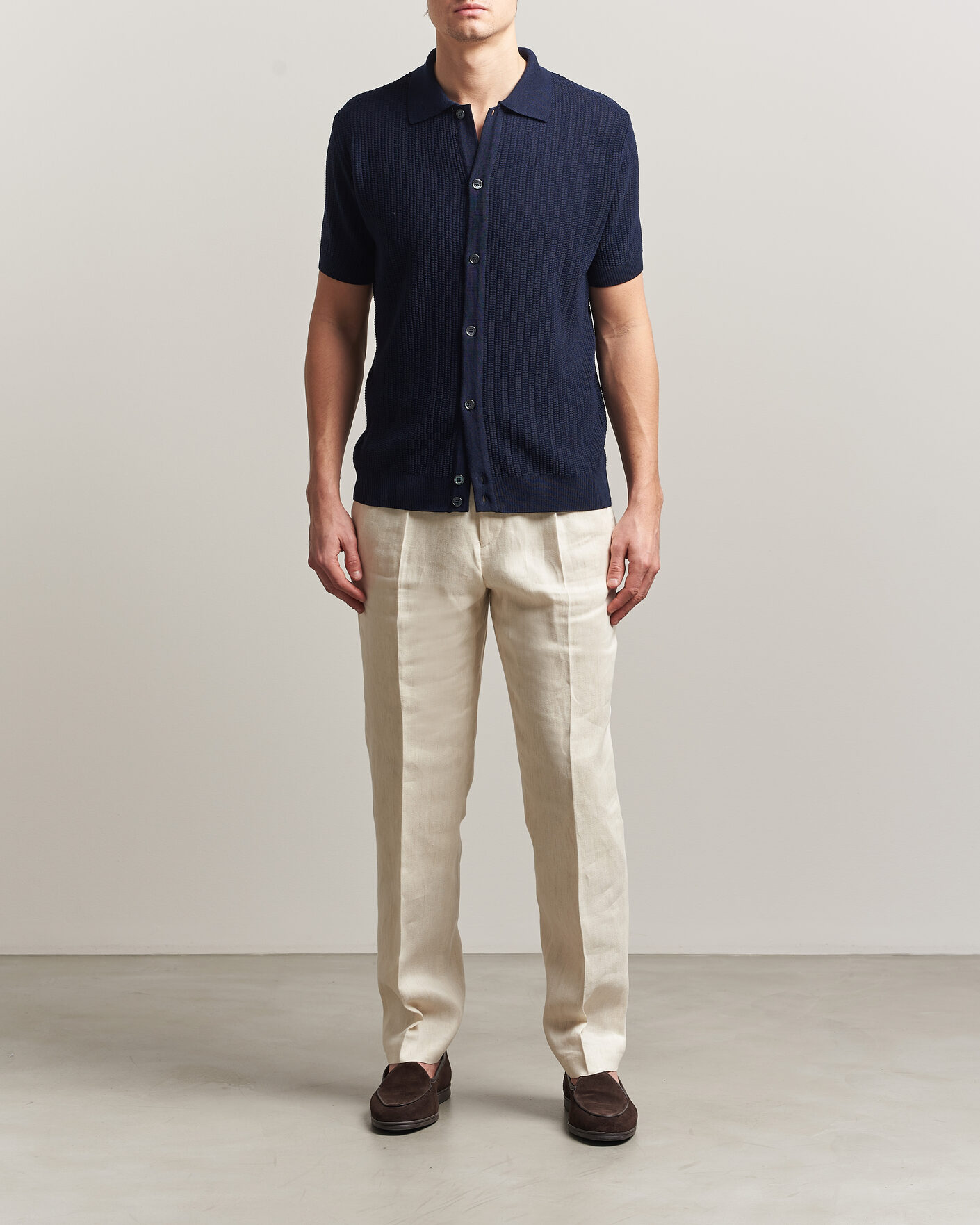 Hombres | Polos | Stenströms | Knitted Buttonthru Merino Polo Shirt Navy